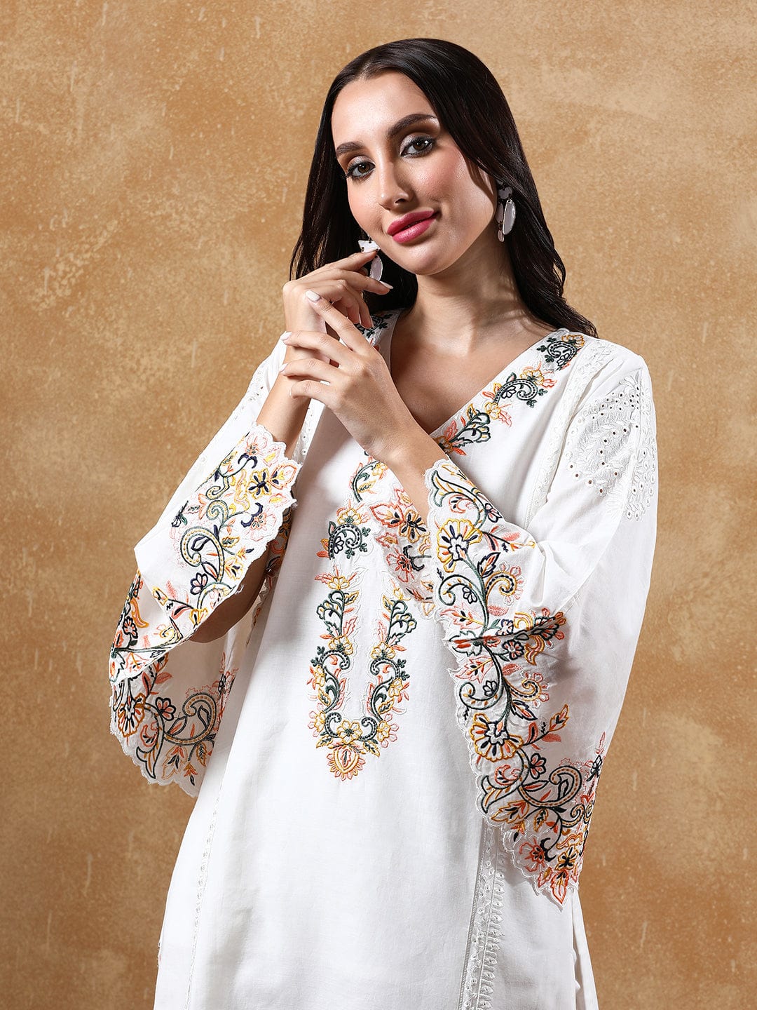 The Kurti Collection Floral Embroidered Pure Cotton Flared Sleeves V-Neck Straight Kurta with Trousers