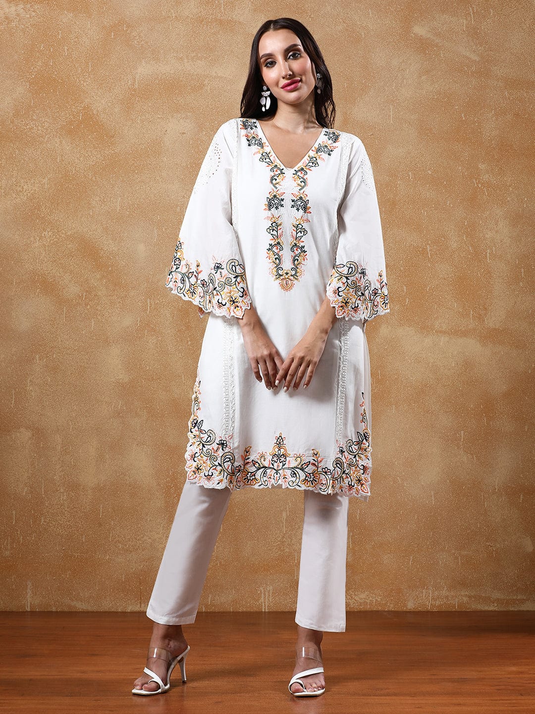 The Kurti Collection Floral Embroidered Pure Cotton Flared Sleeves V-Neck Straight Kurta with Trousers