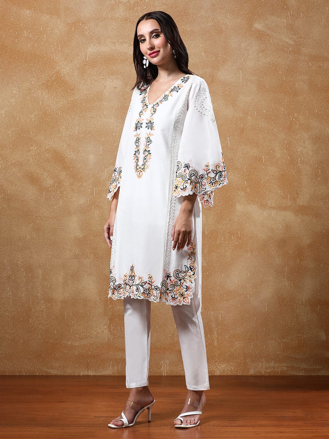 The Kurti Collection Floral Embroidered Pure Cotton Flared Sleeves V-Neck Straight Kurta with Trousers