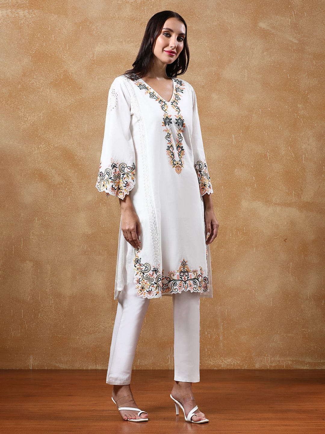 The Kurti Collection Floral Embroidered Pure Cotton Flared Sleeves V-Neck Straight Kurta with Trousers