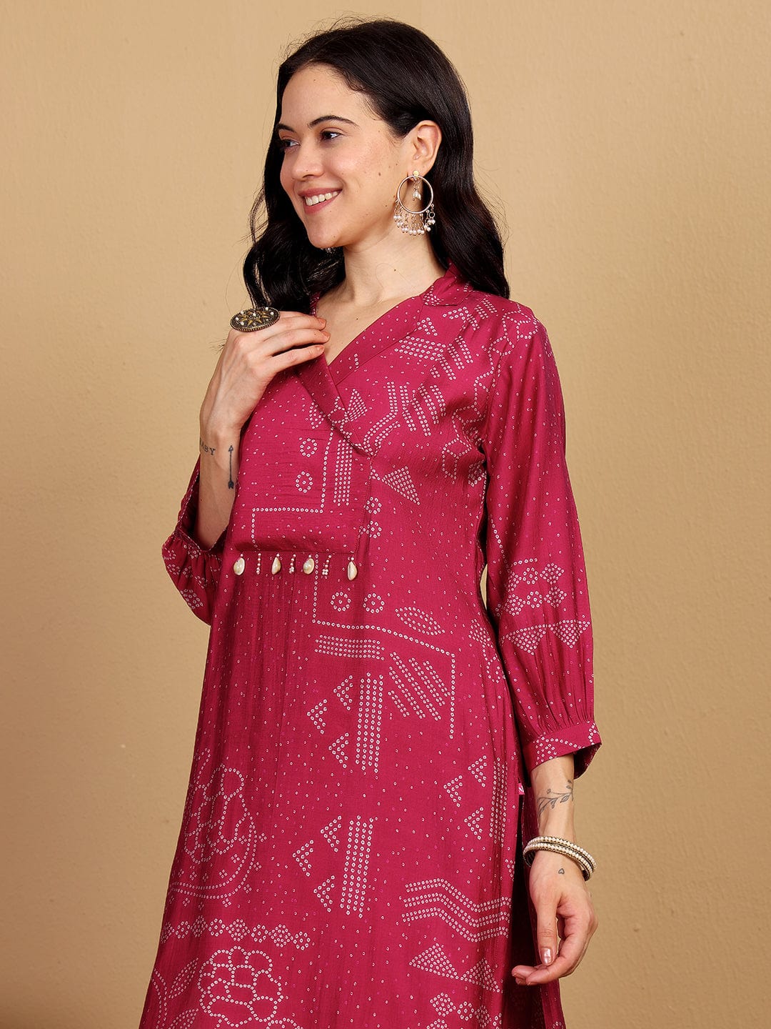 KSUT Women Bandhani Printed With Cuban Collar Regular Fit Kurta With Tassle Detail