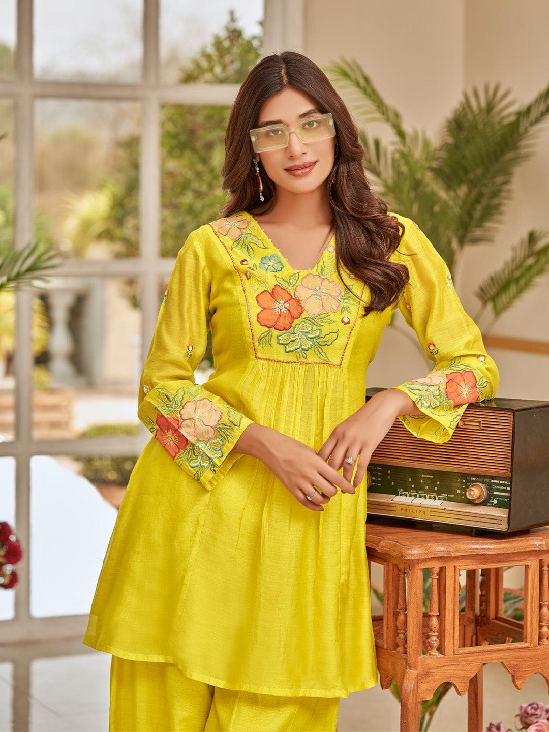 Floral Thread Embroidered Yoke Flared Kurta With Palazzo