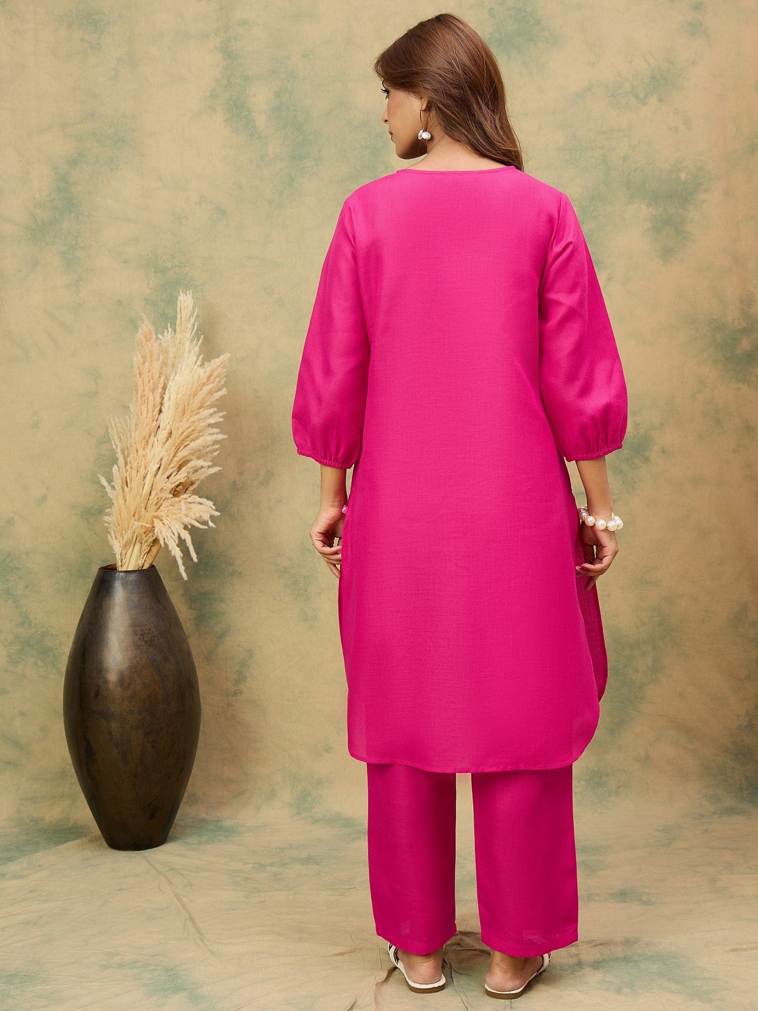 The Kurti Collection Women Straight Kurta With Embroidery On Neck Paired With Solid Trousers