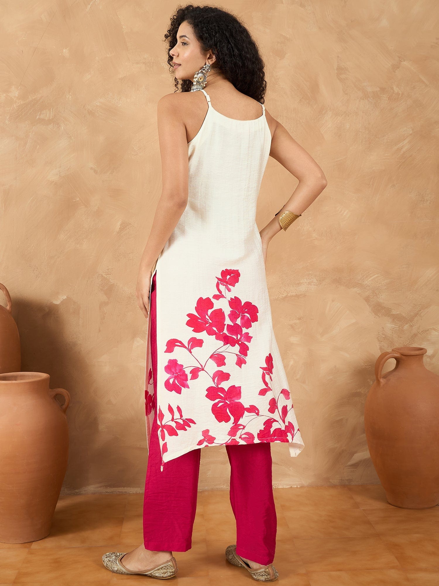 The Kurti Collection Women Spaghetti Strap Straight Floral Kurta With Trousers