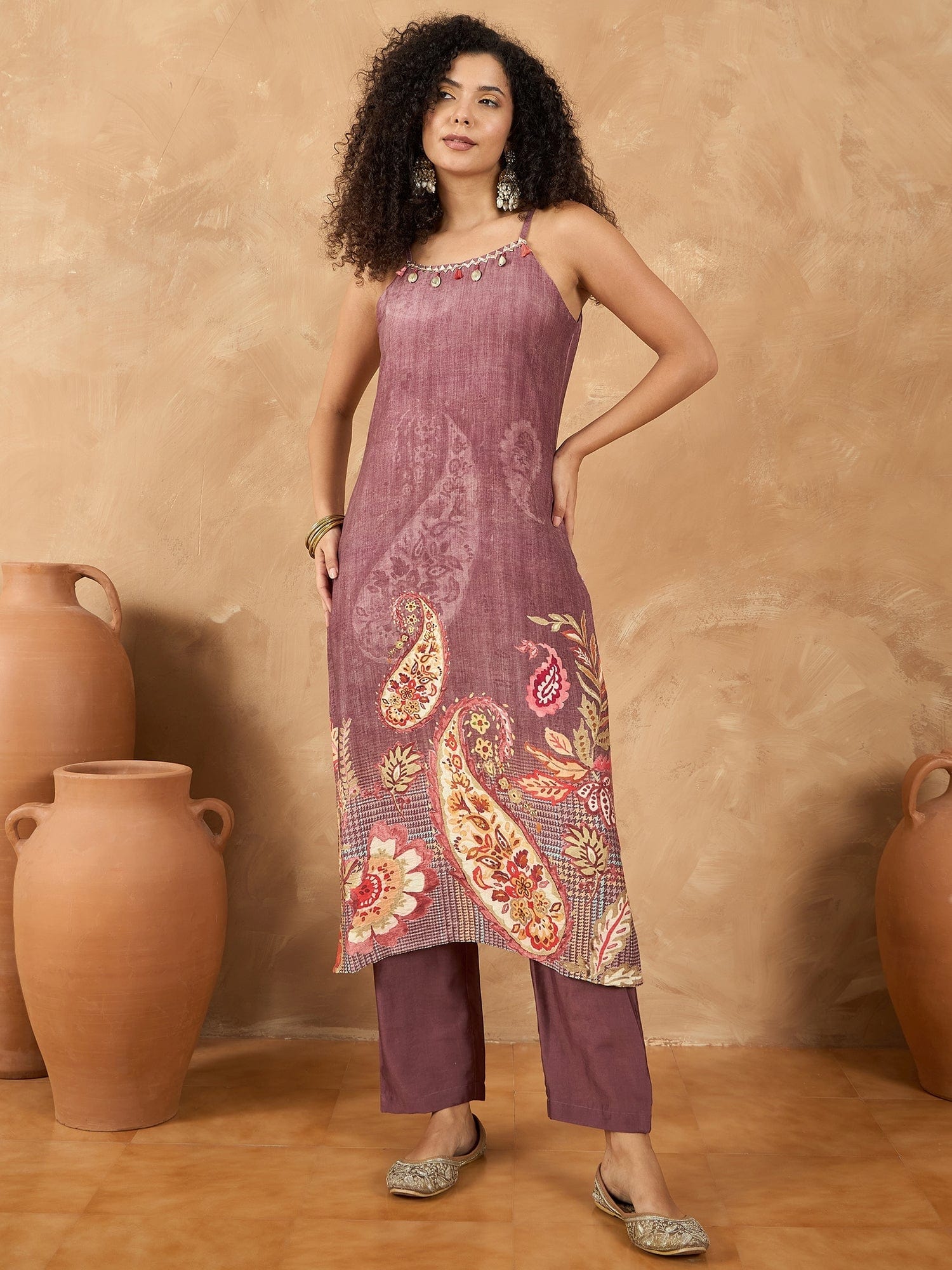 The Kurti Collection Women Spaghetti Strap Straight Floral Kurta With Trousers
