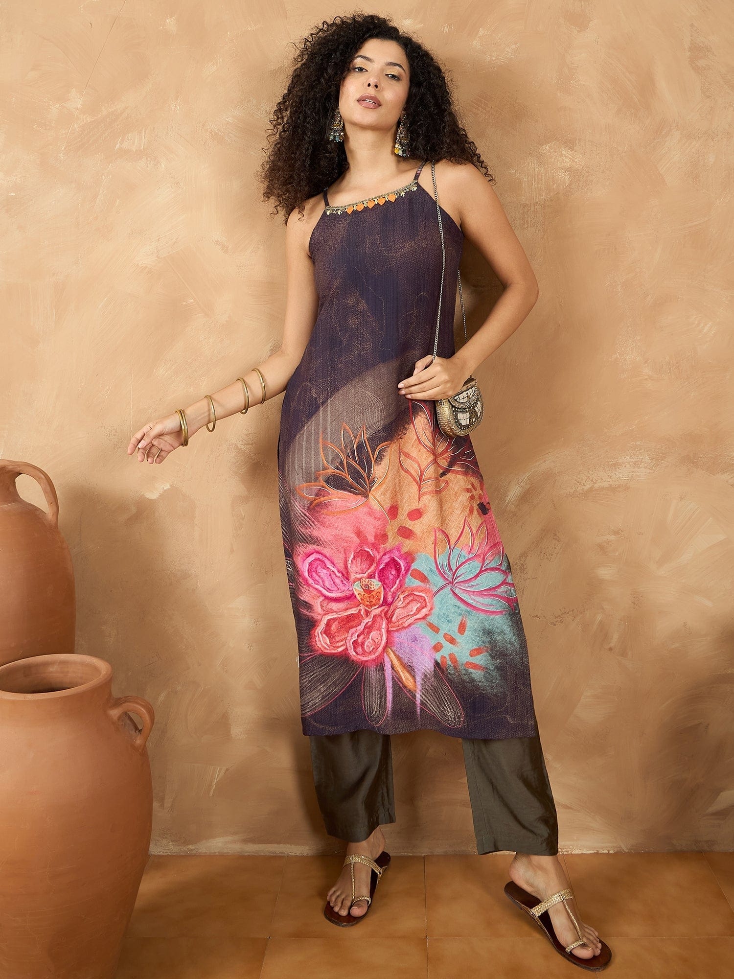 The Kurti Collection Women Spaghetti Strap Straight Floral Kurta With Trousers