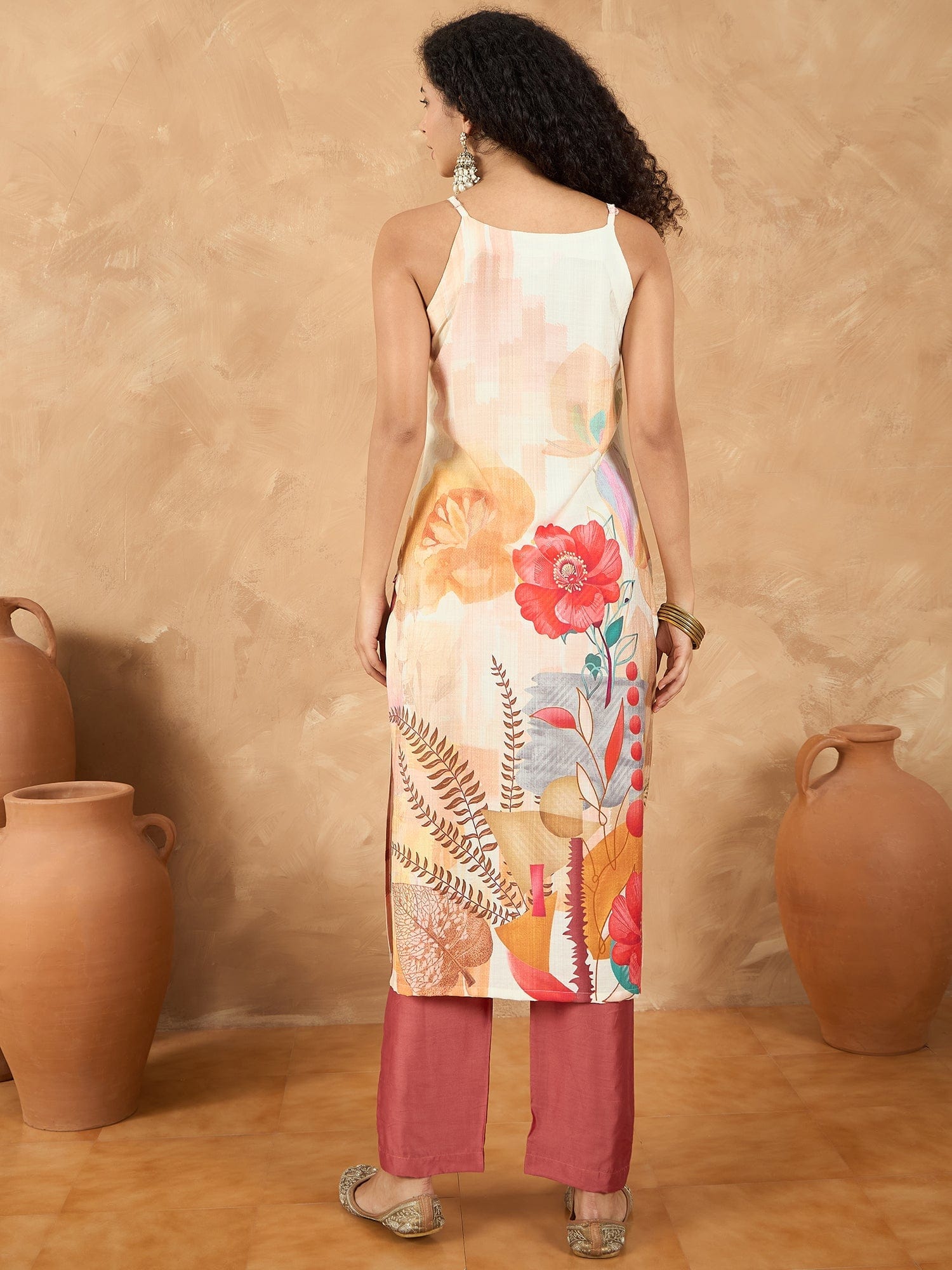 The Kurti Collection Women Spaghetti Strap Straight Floral Kurta With Trousers