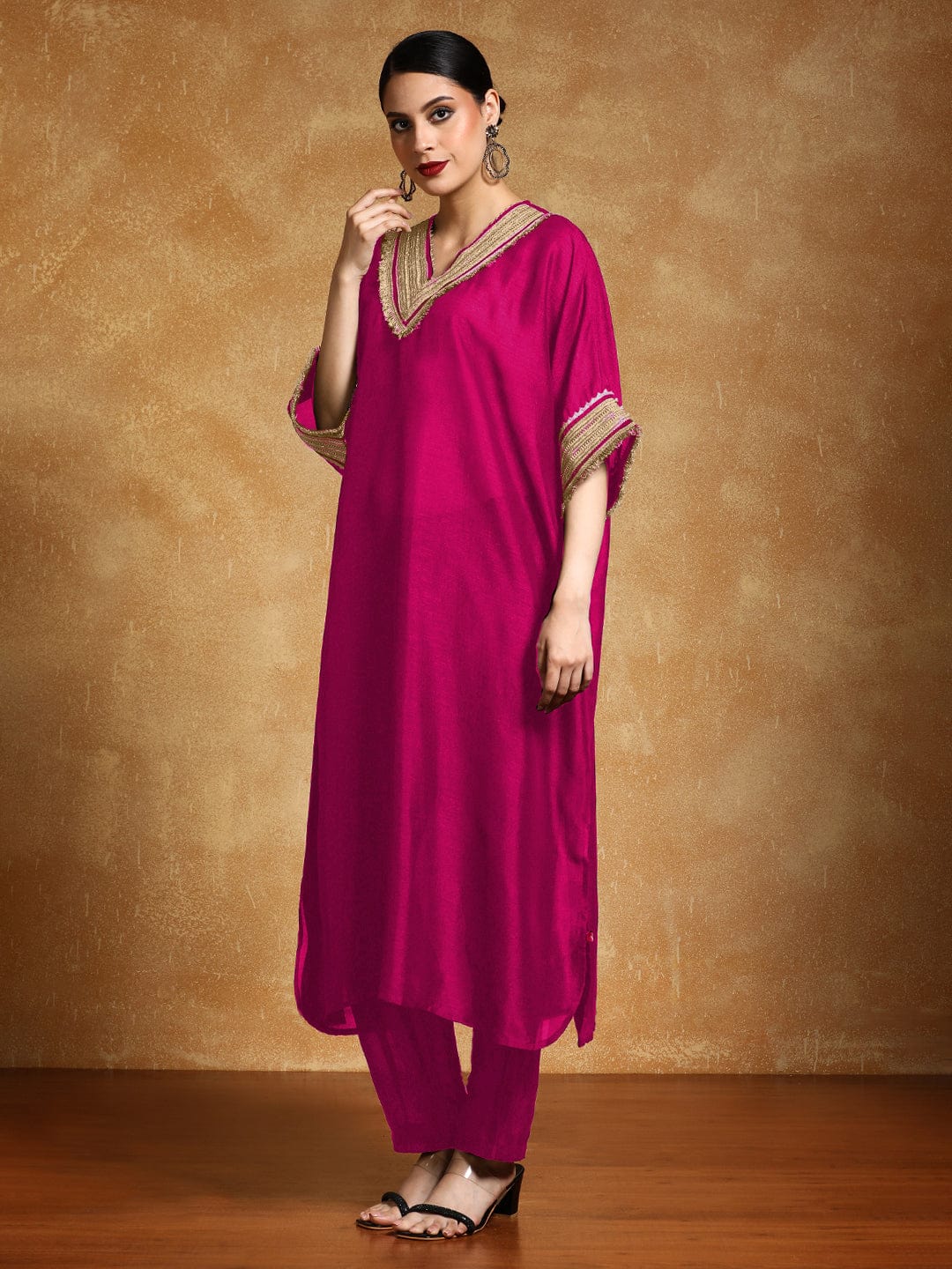 The Kurti Collection Women-Zari Embroidered Lace Neck Flared Kaftan With Trouser