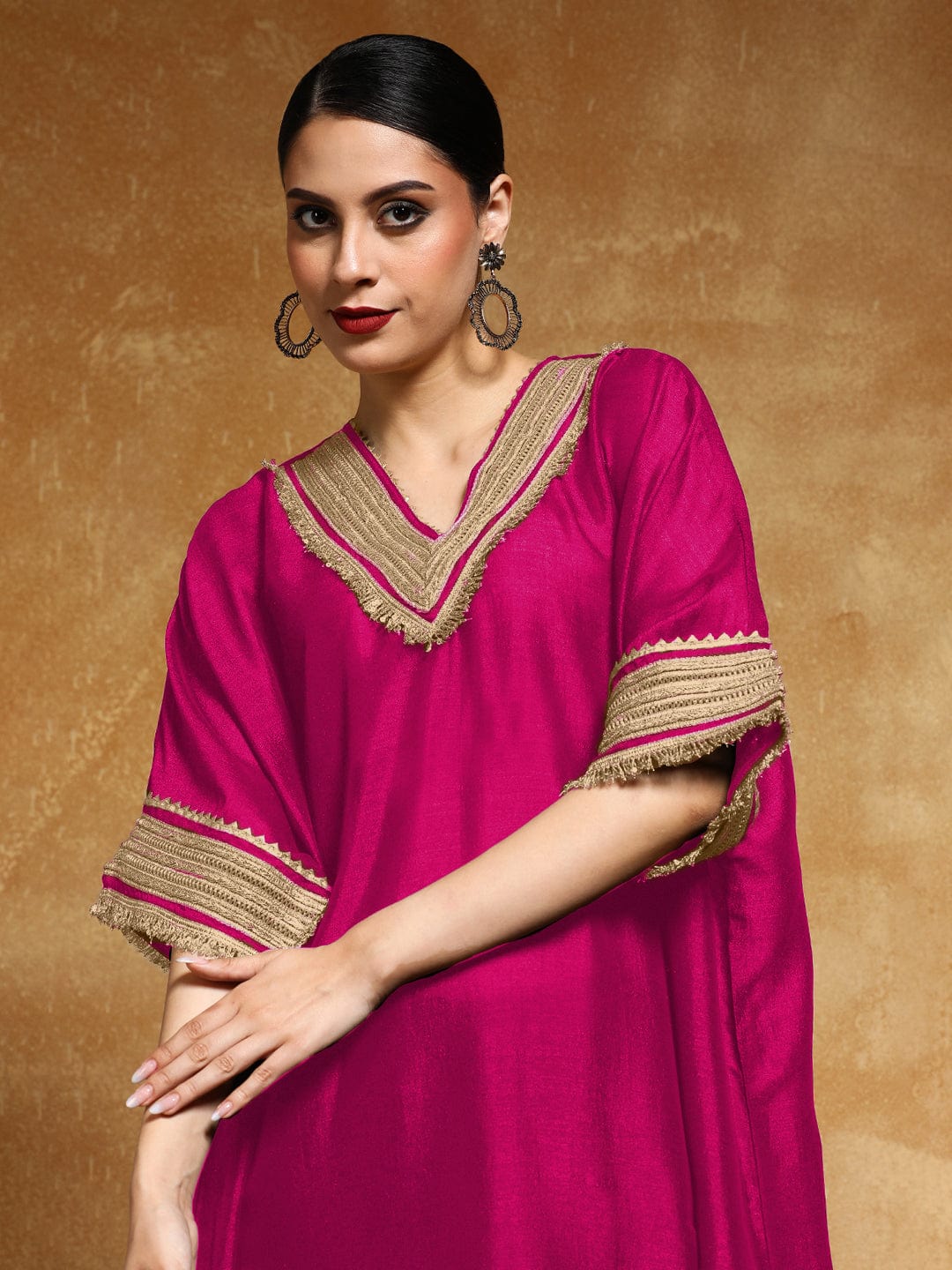 The Kurti Collection Women-Zari Embroidered Lace Neck Flared Kaftan With Trouser