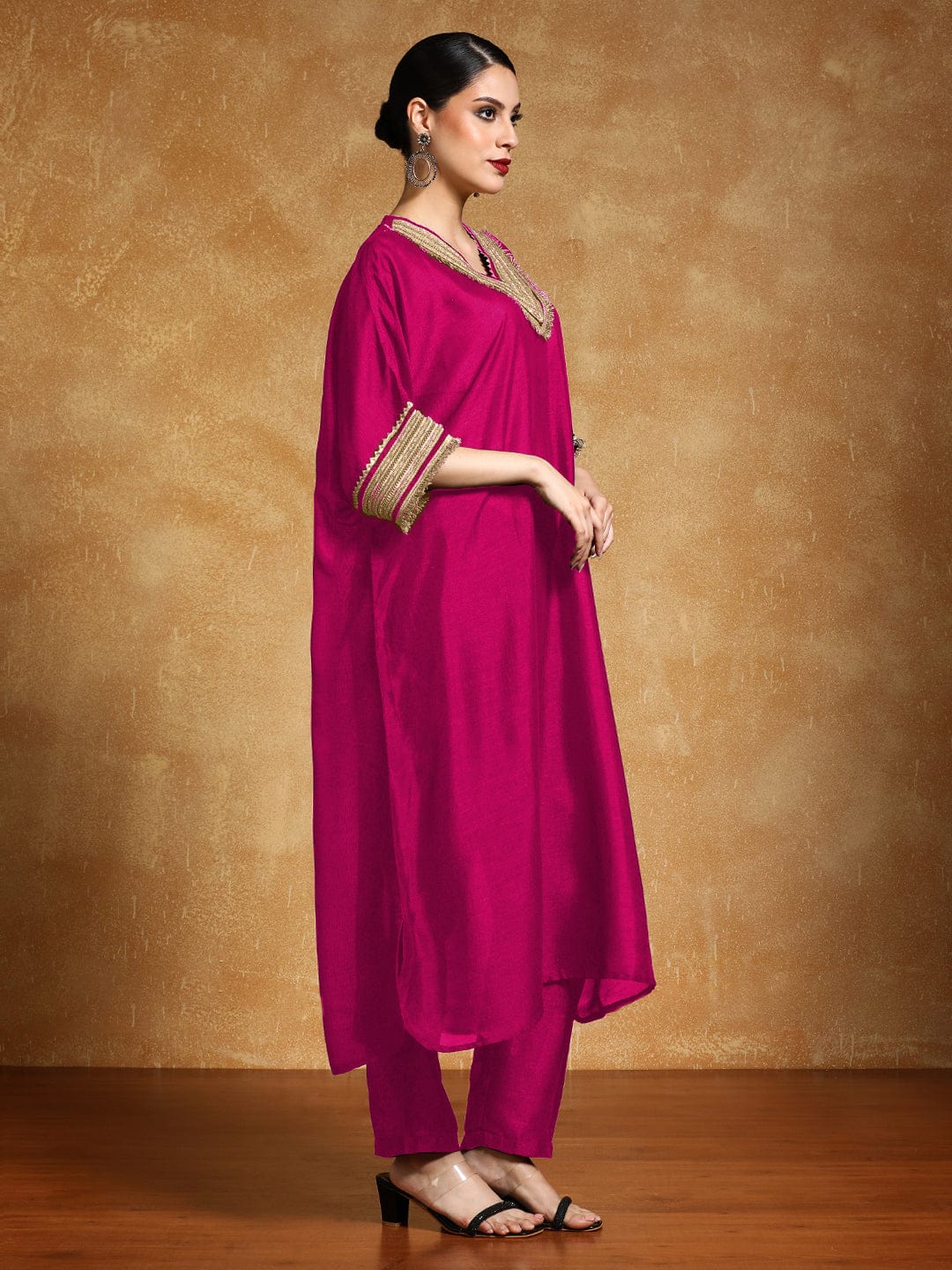 The Kurti Collection Women-Zari Embroidered Lace Neck Flared Kaftan With Trouser