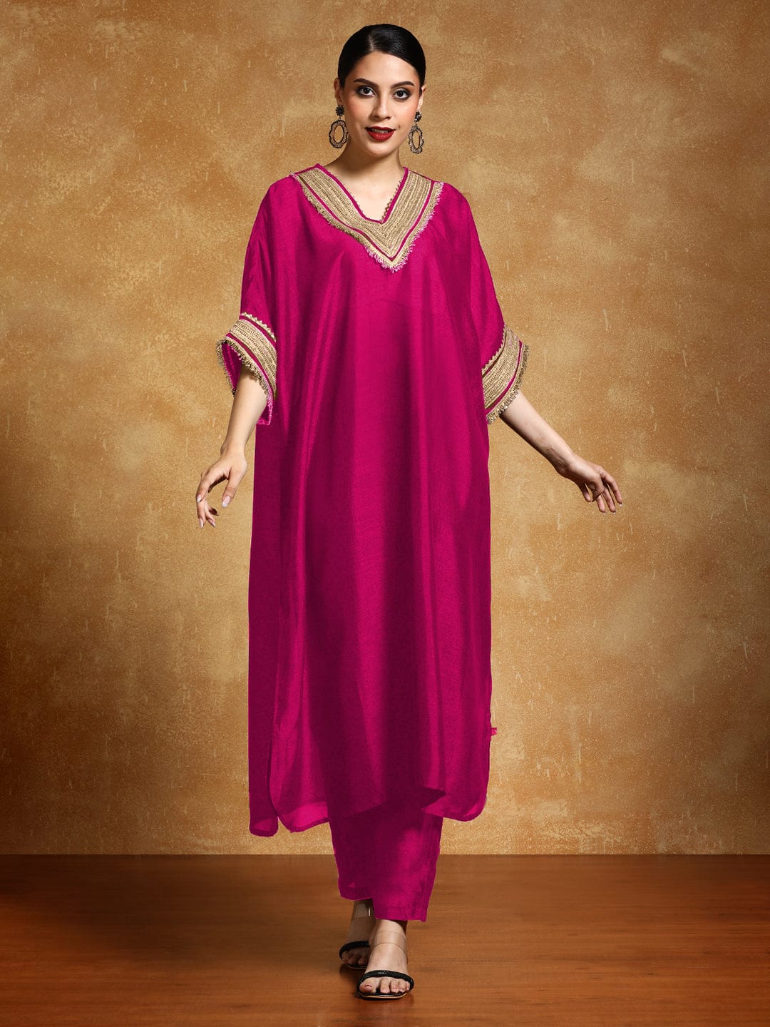 The Kurti Collection Women-Zari Embroidered Lace Neck Flared Kaftan With Trouser