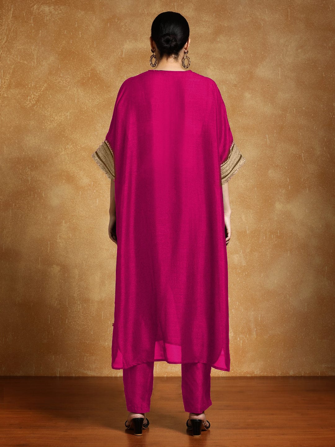 The Kurti Collection Women-Zari Embroidered Lace Neck Flared Kaftan With Trouser