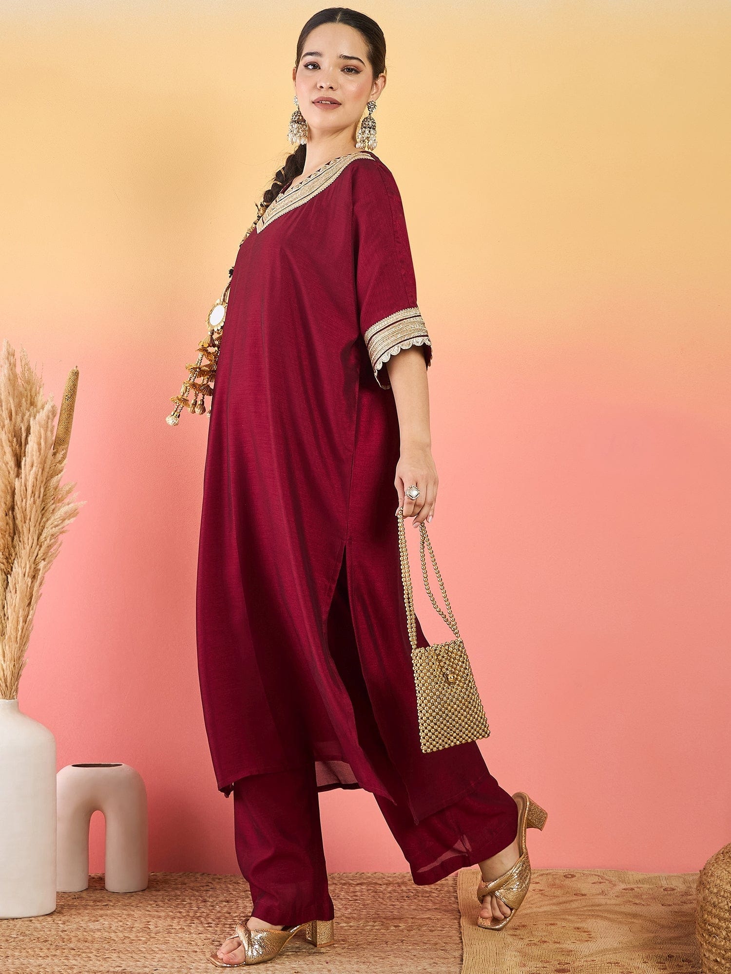 The Kurti Collection Zari Embroidered Lace Neck Flared Kaftan With Trouser