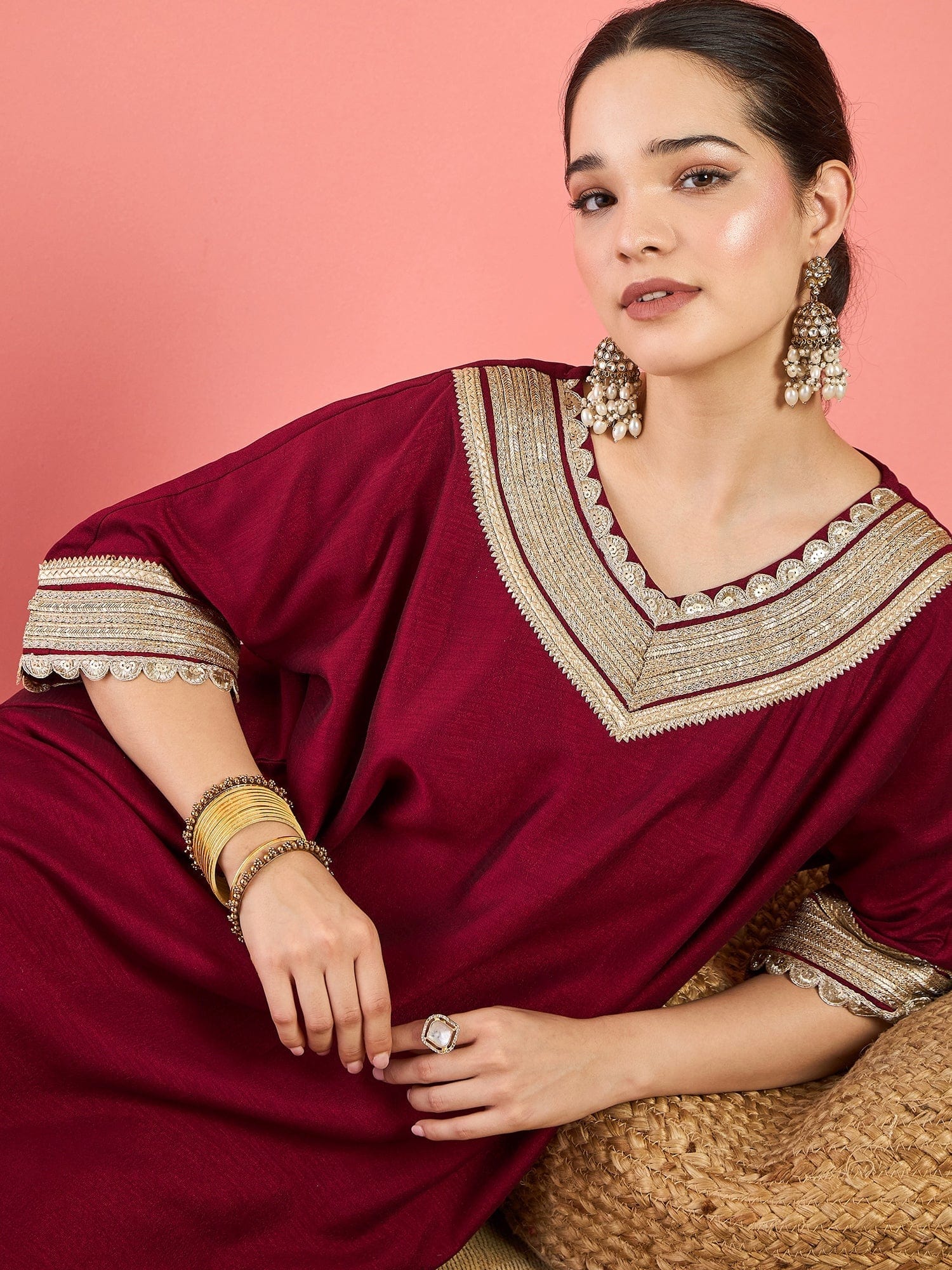 The Kurti Collection Zari Embroidered Lace Neck Flared Kaftan With Trouser