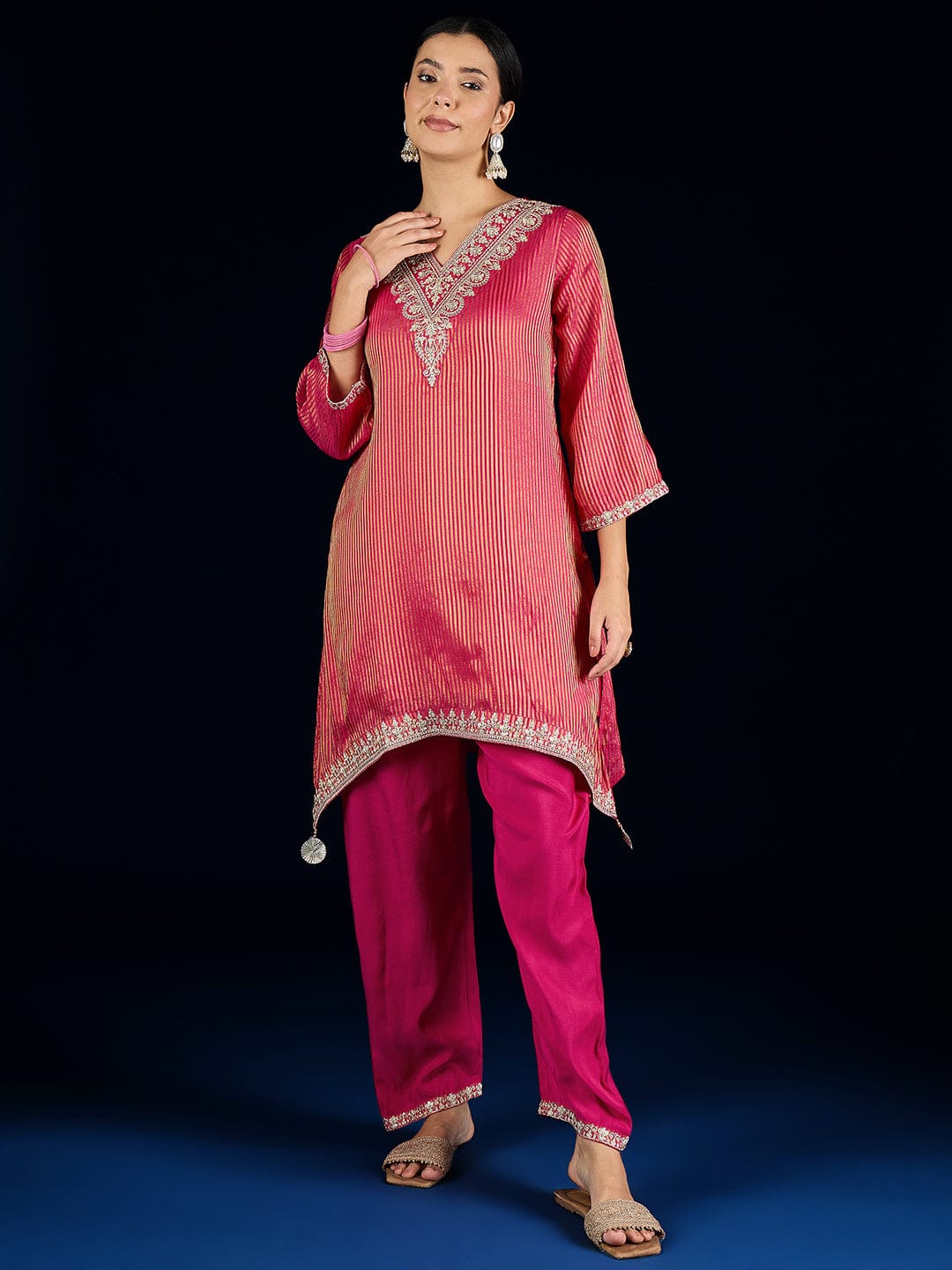 KSUT C-Cut Kurta With Zari Embroidery, Paired With Ankle-Length Trousers .