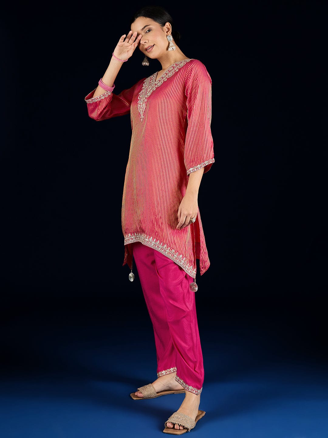 KSUT C-Cut Kurta With Zari Embroidery, Paired With Ankle-Length Trousers .
