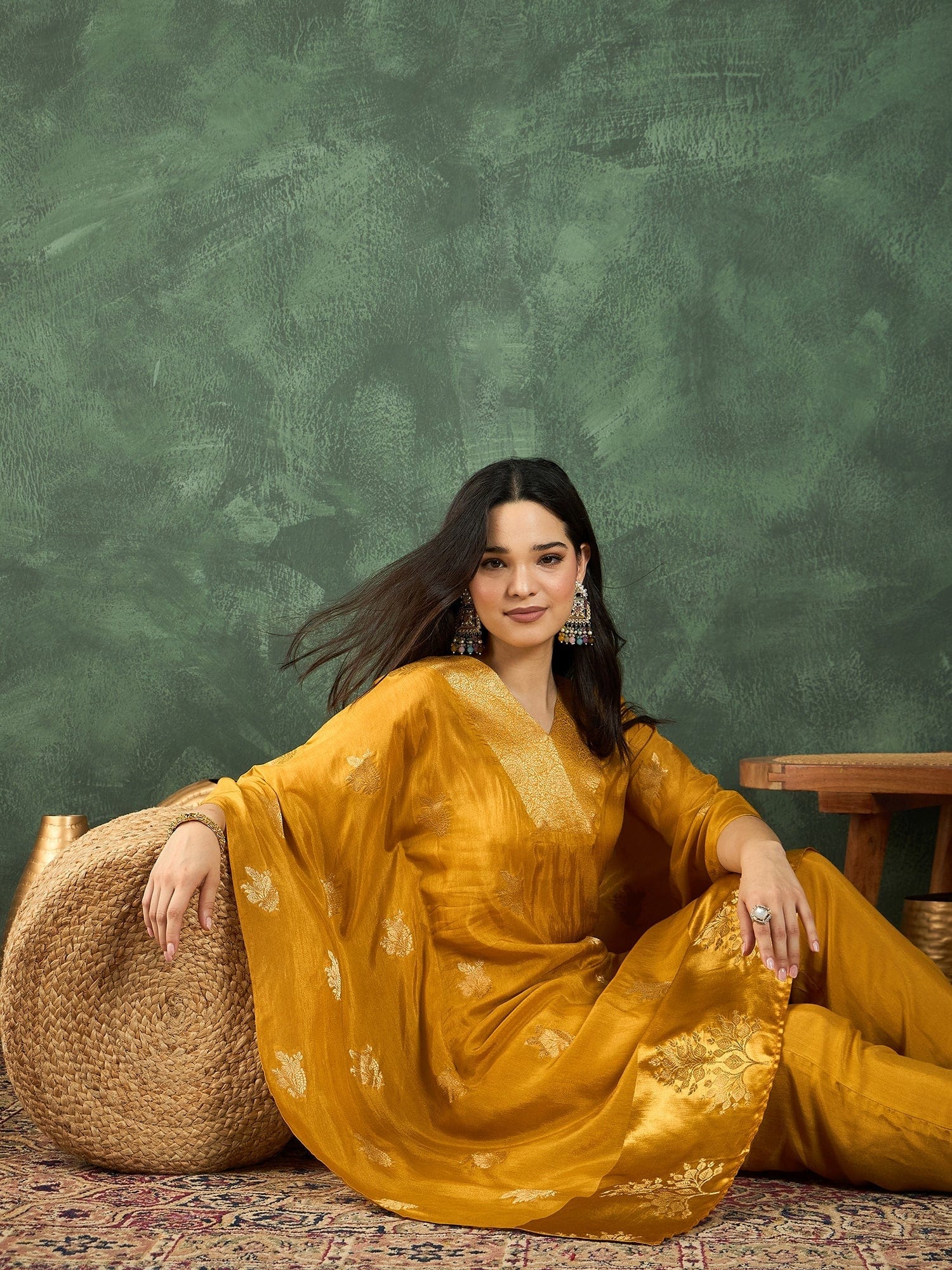 The Kurti Collection Kaftan-Style Kurta , Paired With Straight-Fit Solid Ankle-Length Trousers .