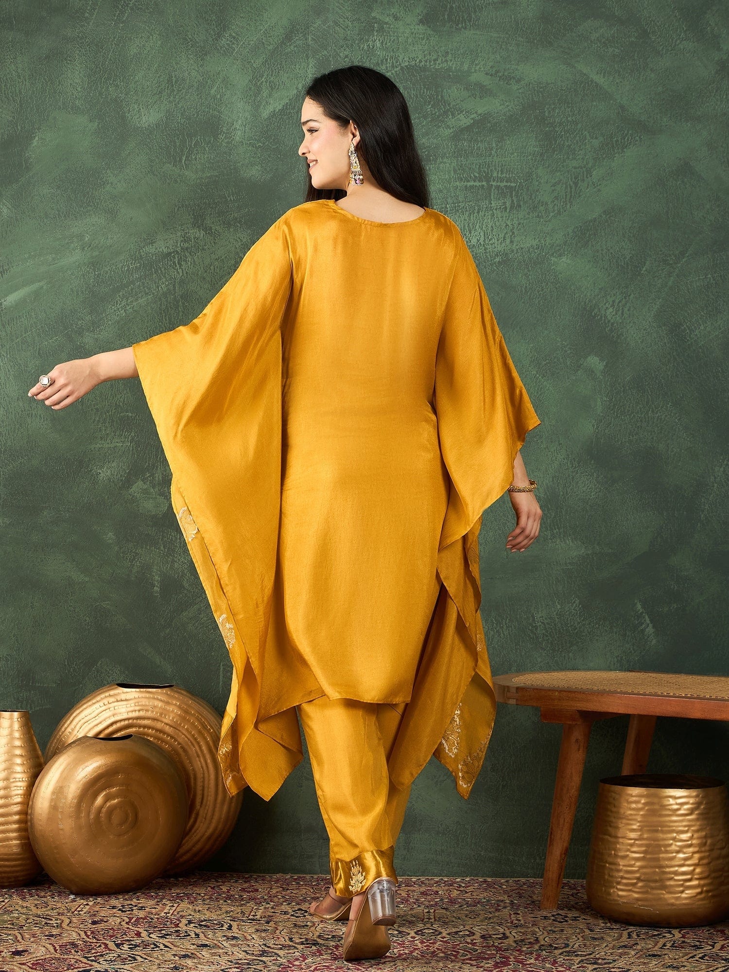 The Kurti Collection Kaftan-Style Kurta , Paired With Straight-Fit Solid Ankle-Length Trousers .