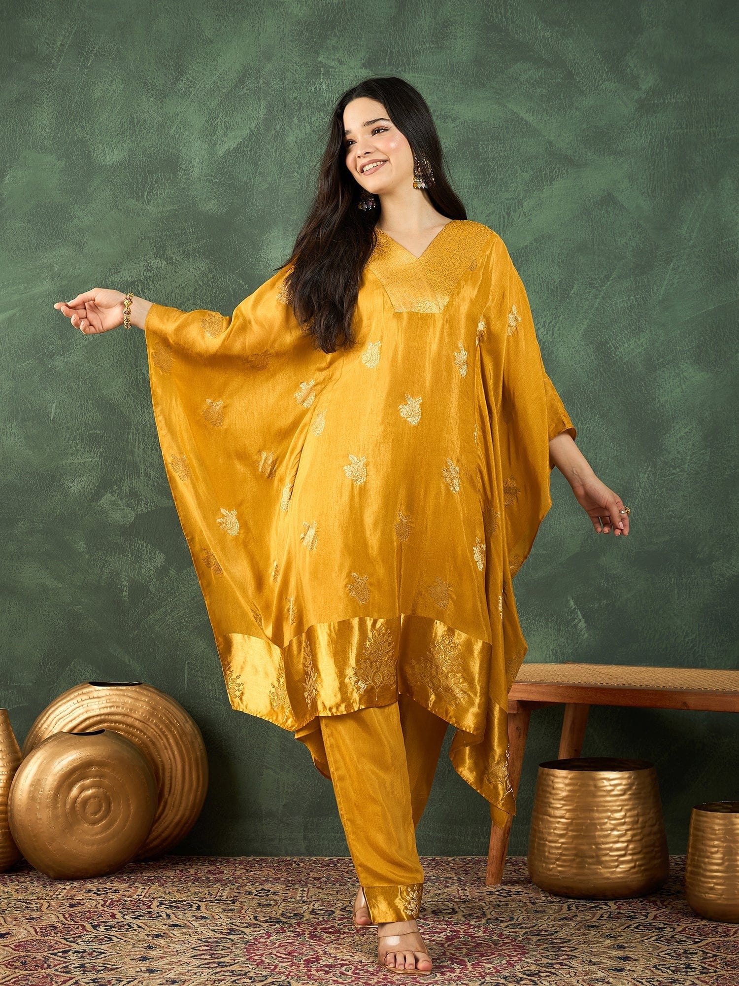 The Kurti Collection Kaftan-Style Kurta , Paired With Straight-Fit Solid Ankle-Length Trousers .