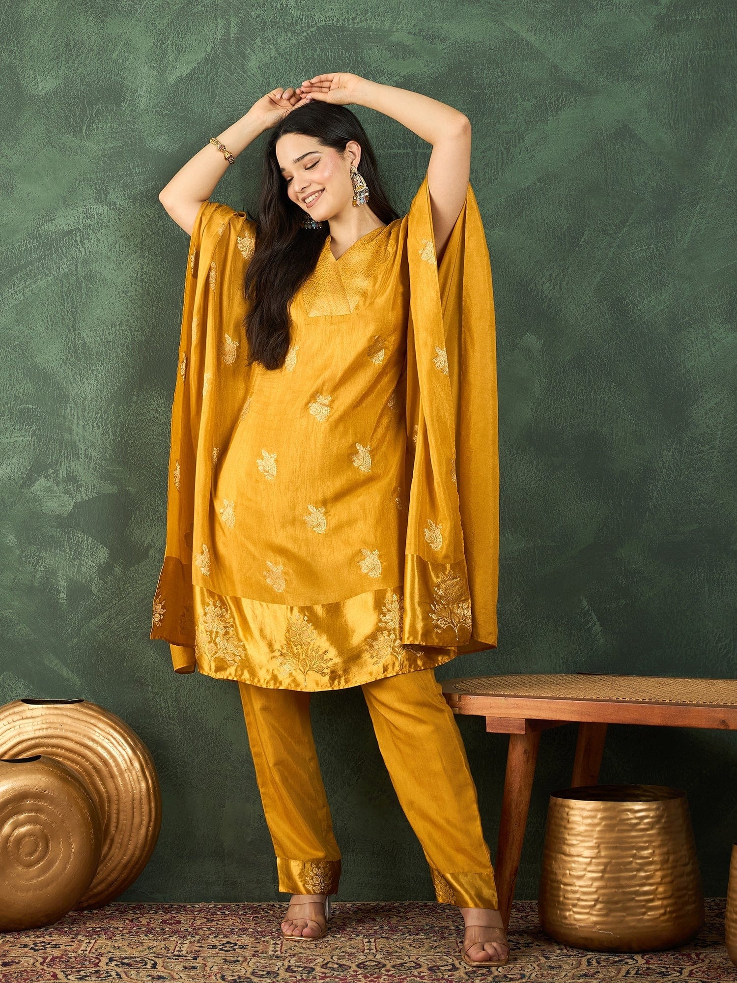 The Kurti Collection Kaftan-Style Kurta , Paired With Straight-Fit Solid Ankle-Length Trousers .