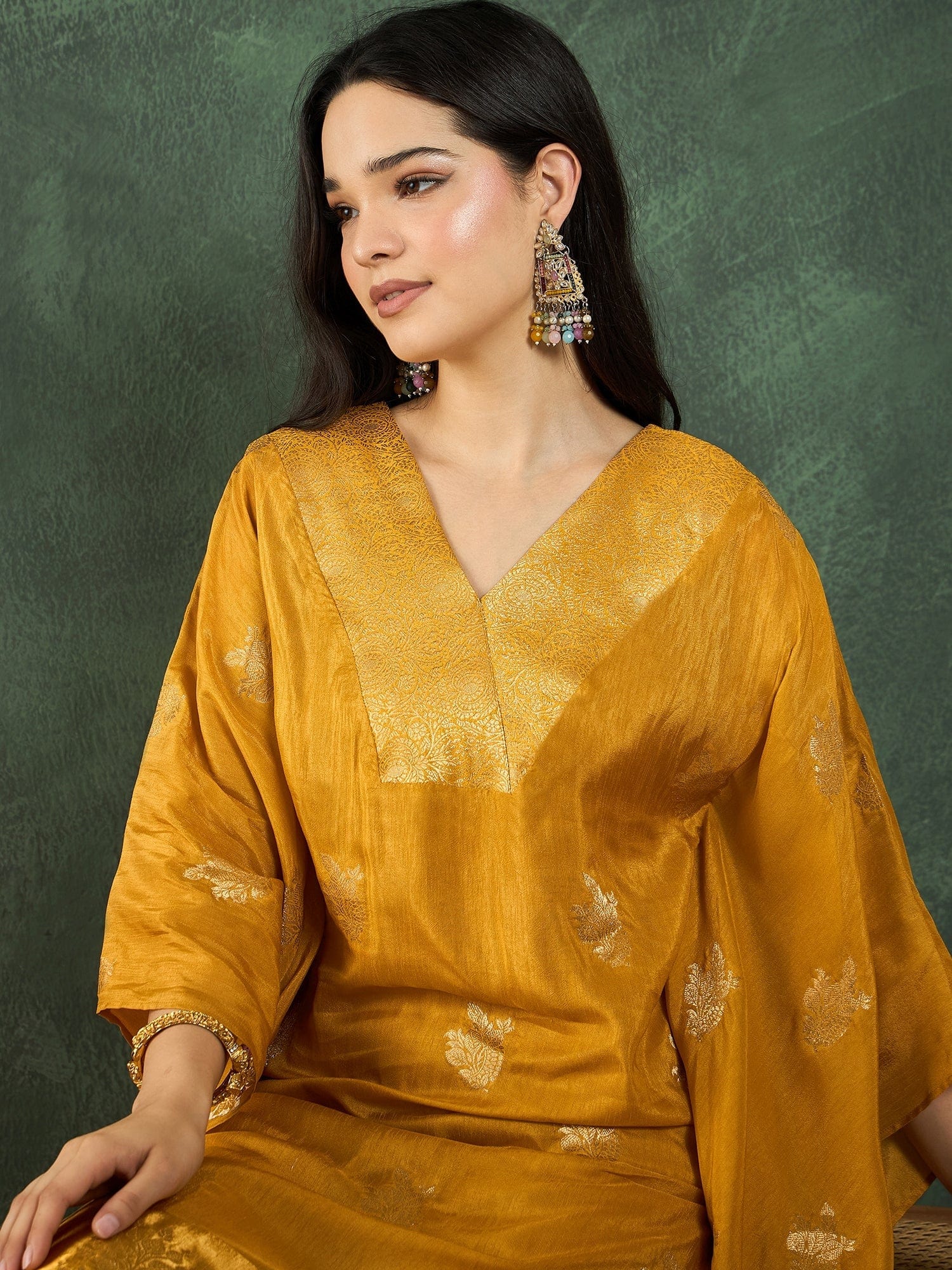 The Kurti Collection Kaftan-Style Kurta , Paired With Straight-Fit Solid Ankle-Length Trousers .