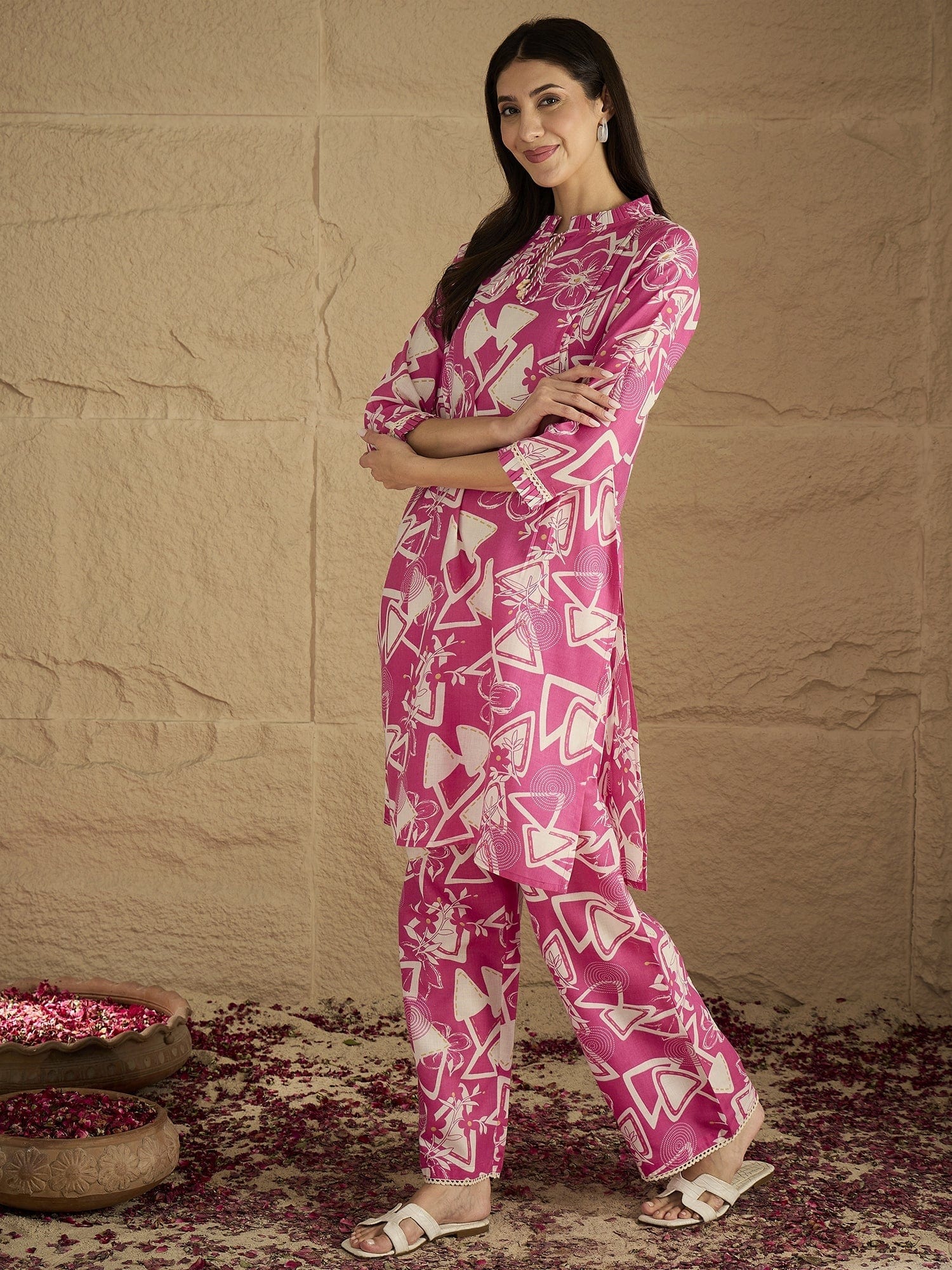 KSUT Women Graceful Beige Kurta Set Featuring Gota Patti Detailing, Paired With Solid Trousers