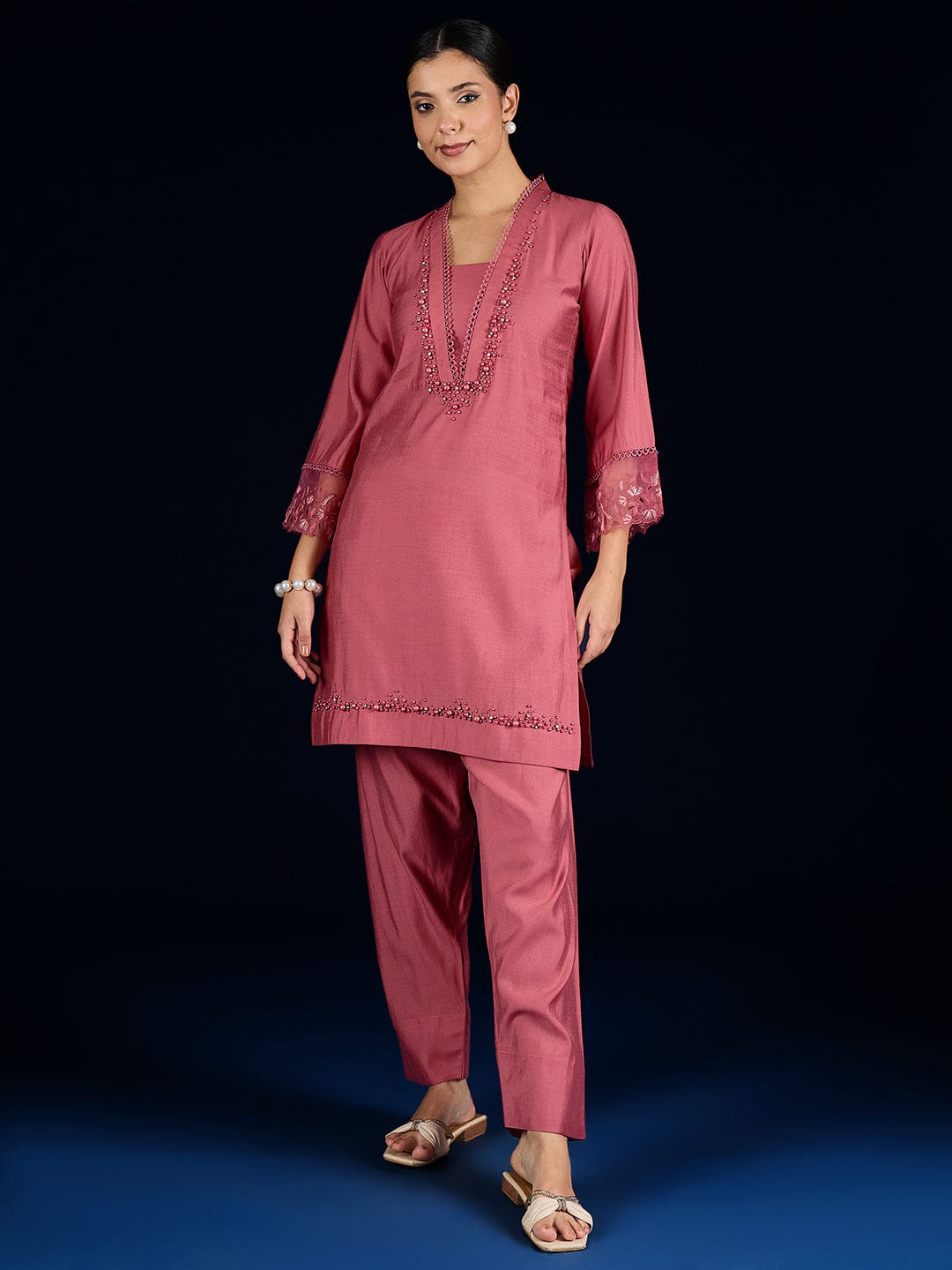The Kurti Collection Kurta With Pearl Detailing, Paired With Farsi Salwar.
