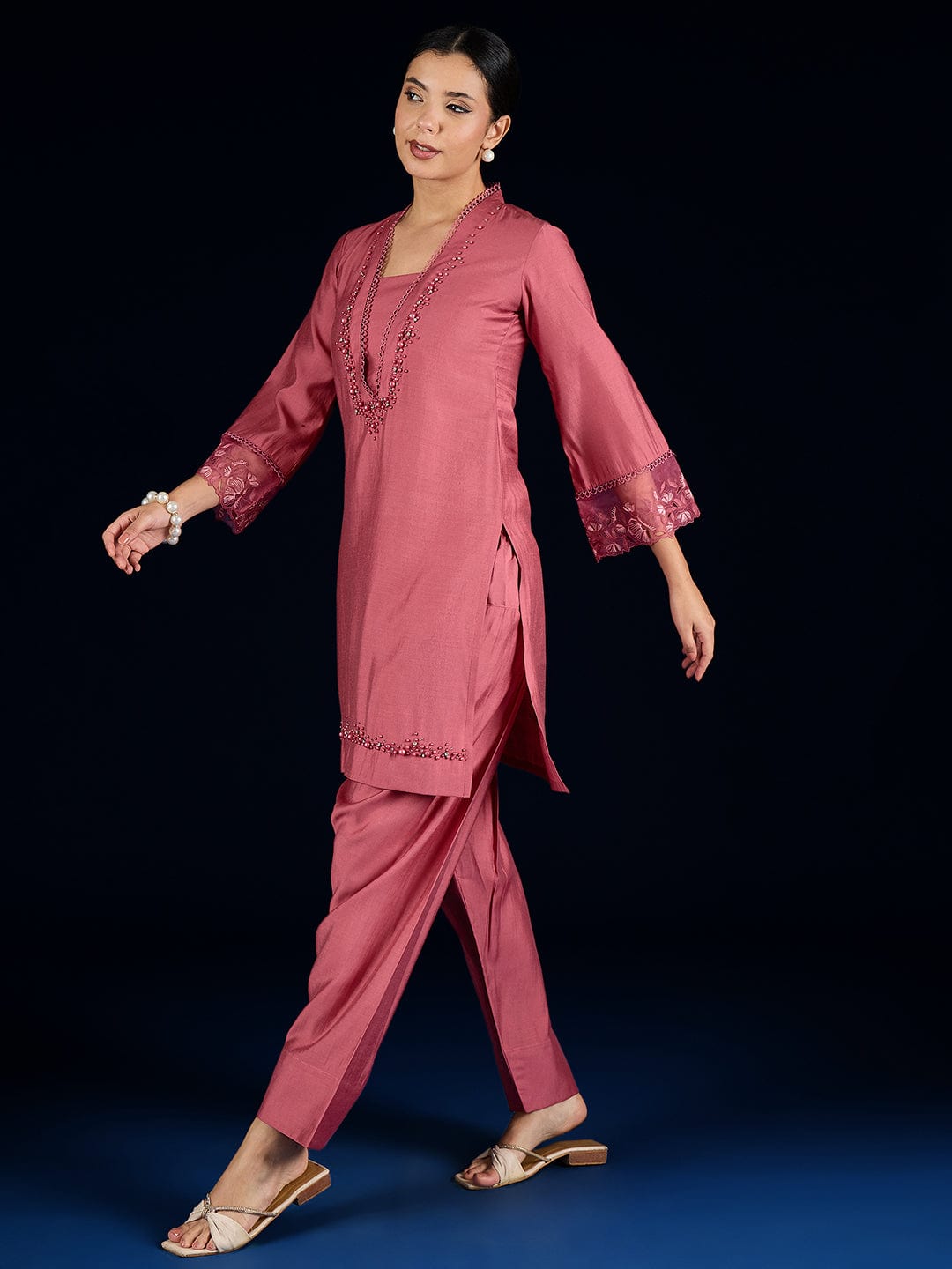 The Kurti Collection Kurta With Pearl Detailing, Paired With Farsi Salwar.