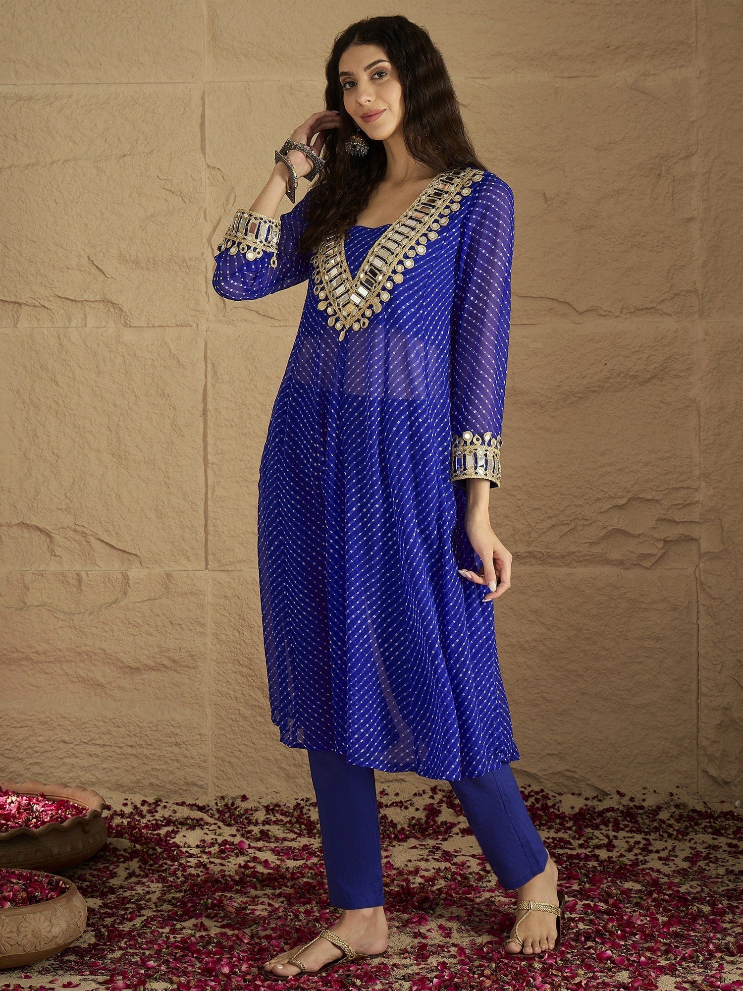 The Kurti Collection Women Graceful Beige Kurta Set Featuring Gota Patti Detailing, Paired With Solid Trousers