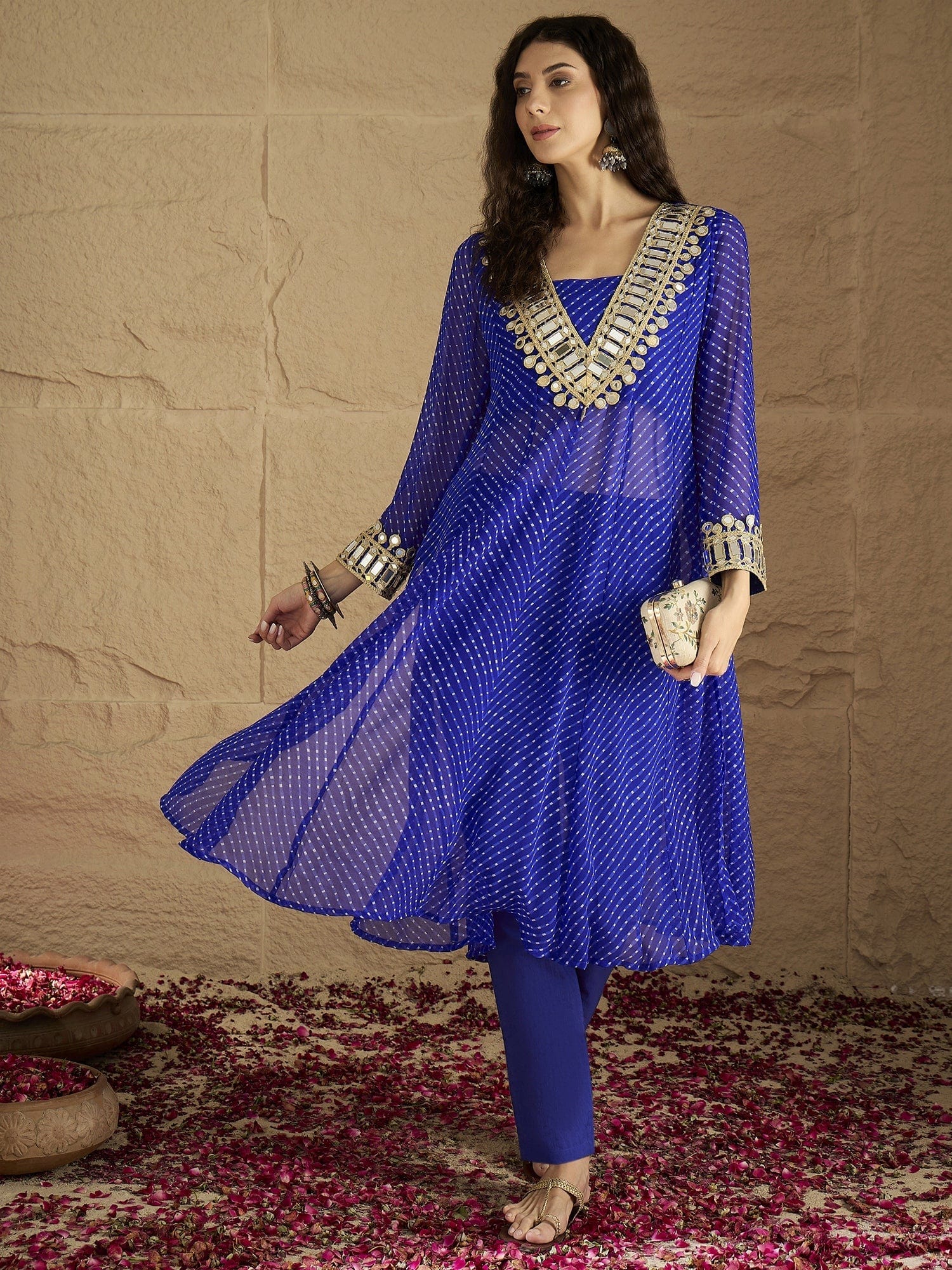 The Kurti Collection Women Graceful Beige Kurta Set Featuring Gota Patti Detailing, Paired With Solid Trousers