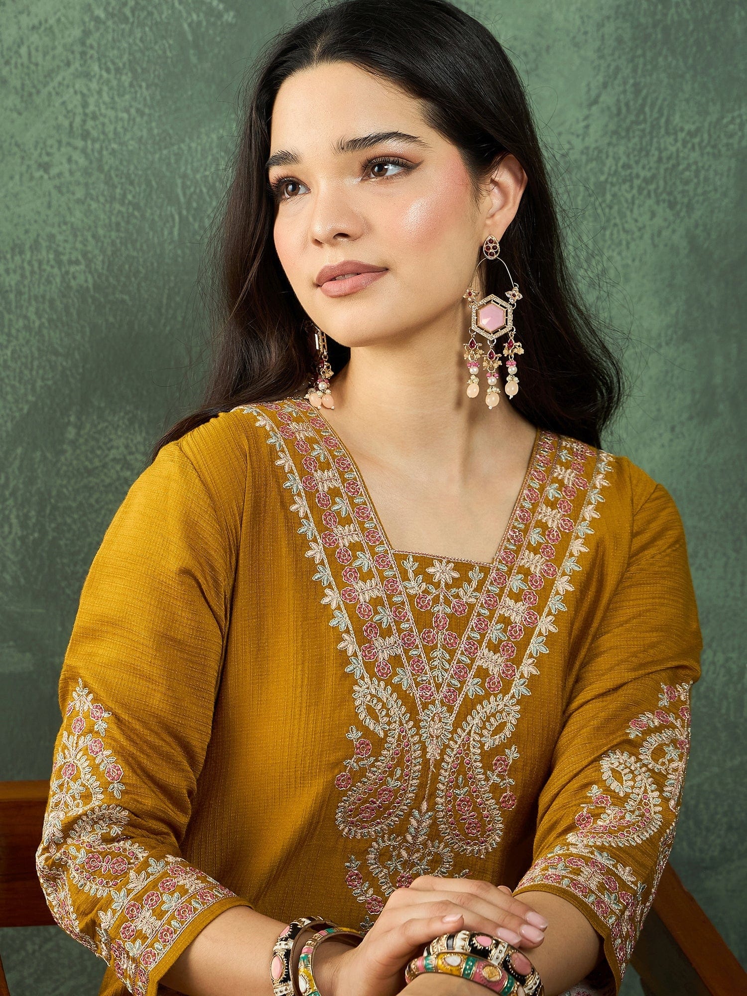 The Kurti Collection Mustard Straight-Fit Kurta With Embroidered Yoke, Paired With Solid Ankle-Length Trousers .