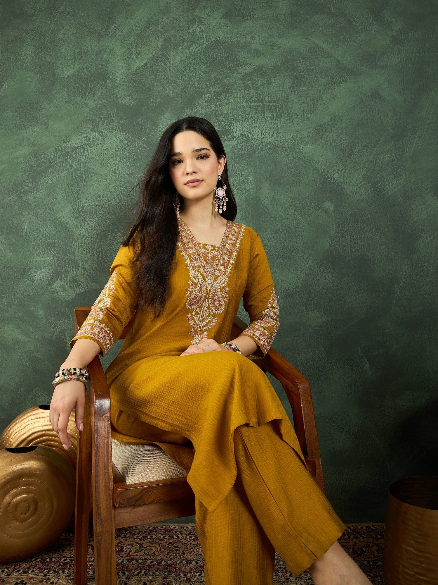The Kurti Collection Mustard Straight-Fit Kurta With Embroidered Yoke, Paired With Solid Ankle-Length Trousers .