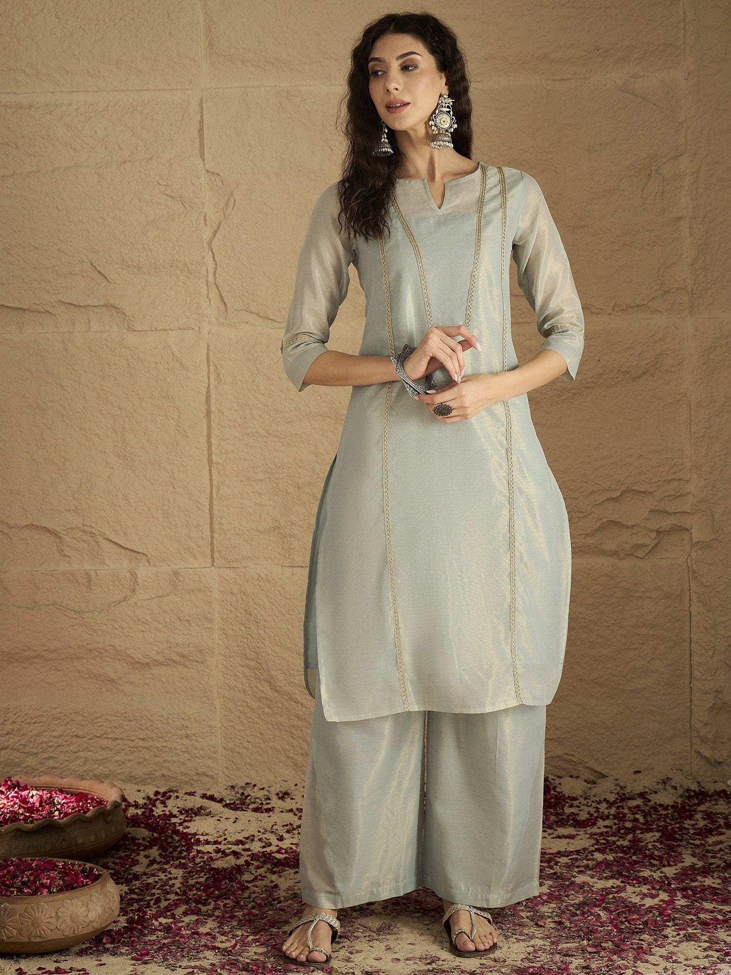 The Kurti Collection Women Elegant Sky Blue Shimmer Kurta Set With Zari Lace Detailing And Solid Ankle-Length Trousers (Perfect For Adding Effortless Charm To Festive Occasions)