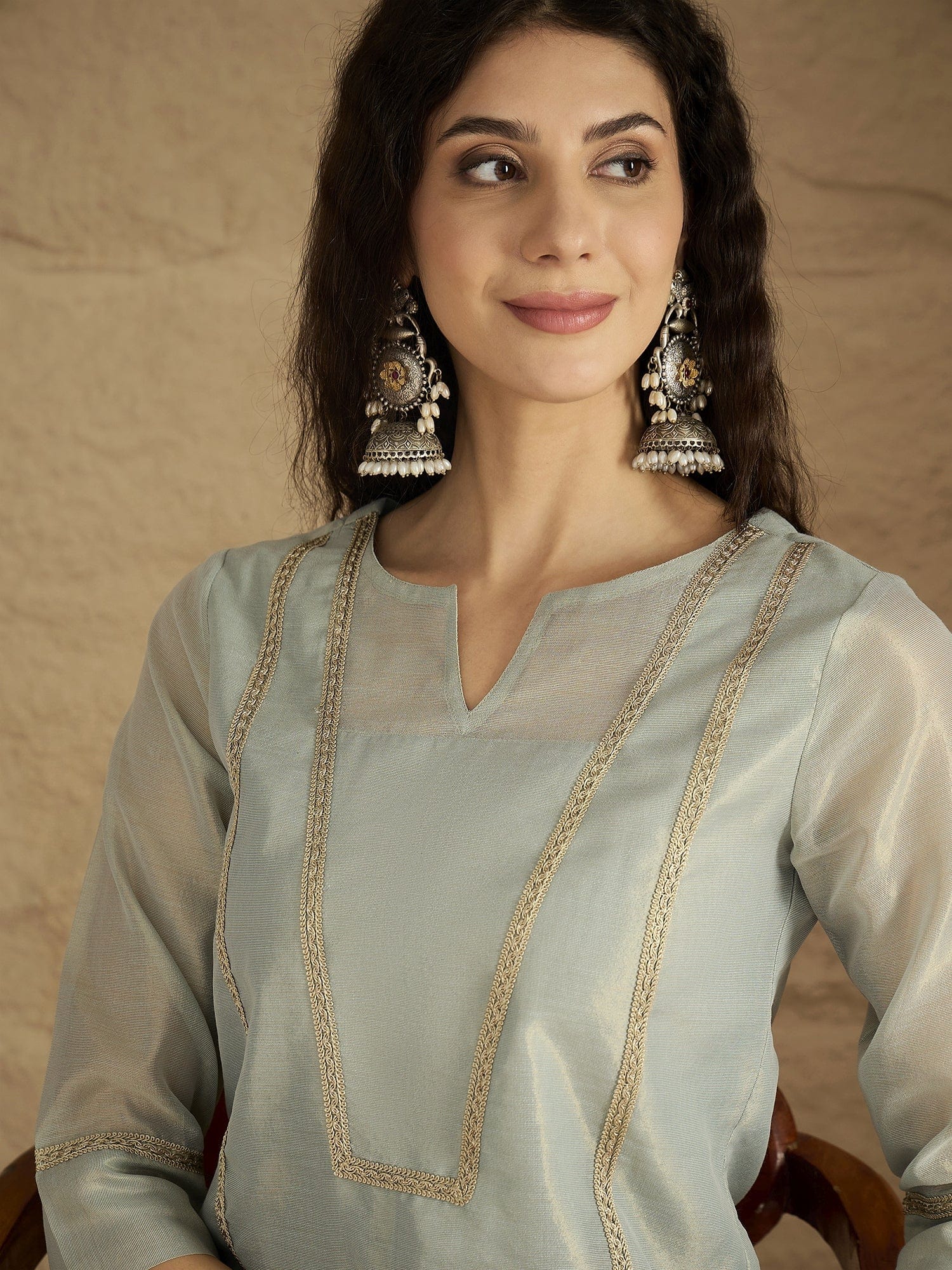 The Kurti Collection Women Elegant Sky Blue Shimmer Kurta Set With Zari Lace Detailing And Solid Ankle-Length Trousers (Perfect For Adding Effortless Charm To Festive Occasions)