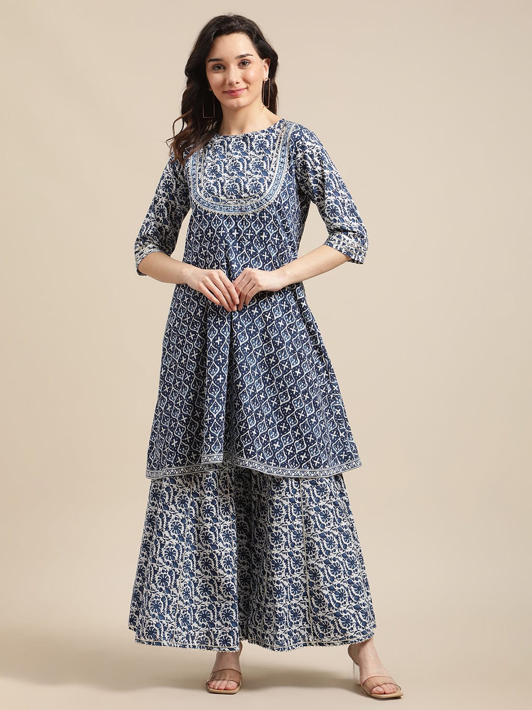 The Kurti Collection Women Indigo And White Floral Printed Flared Kurta Sharara Set