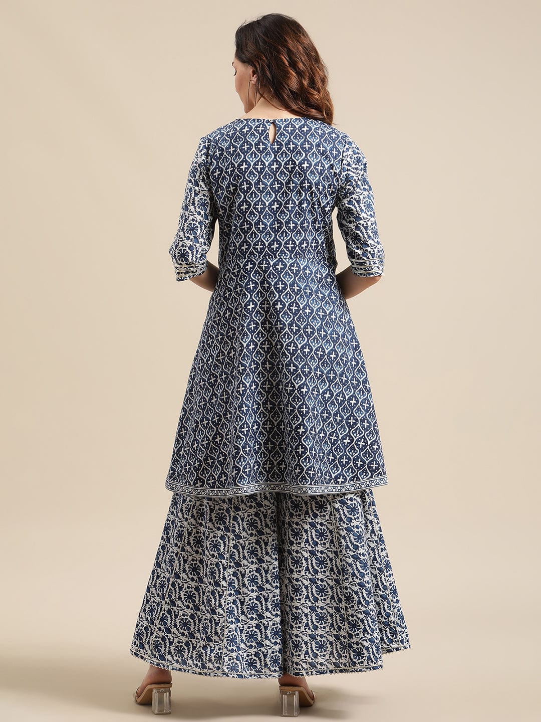 The Kurti Collection Women Indigo And White Floral Printed Flared Kurta Sharara Set