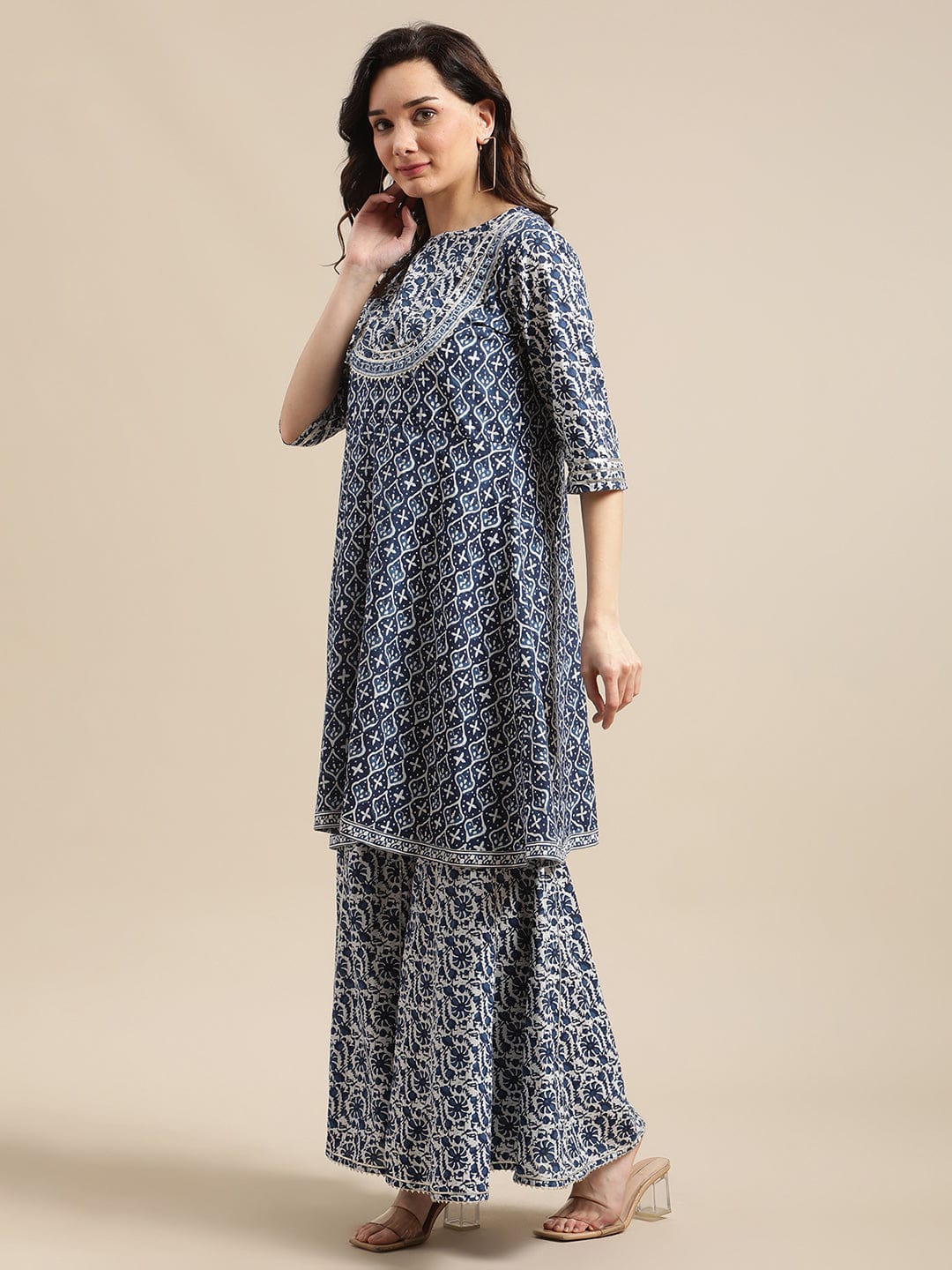 The Kurti Collection Women Indigo And White Floral Printed Flared Kurta Sharara Set