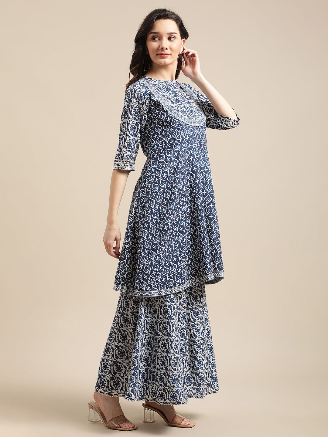 The Kurti Collection Women Indigo And White Floral Printed Flared Kurta Sharara Set