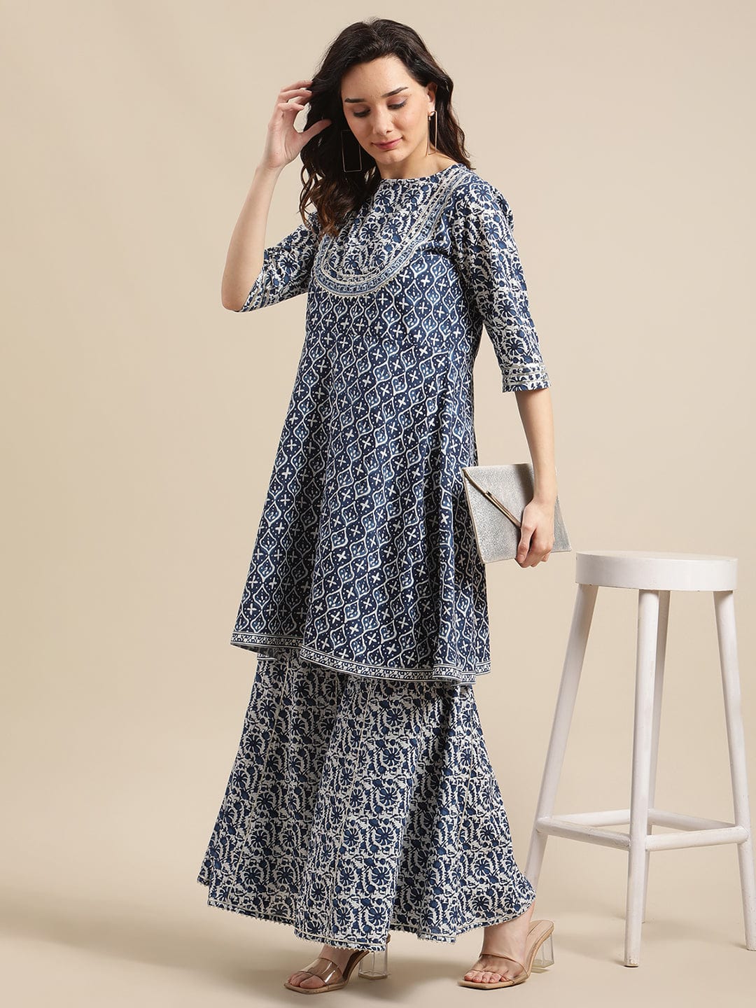 The Kurti Collection Women Indigo And White Floral Printed Flared Kurta Sharara Set