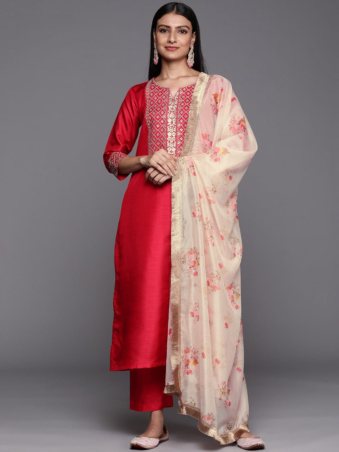 The Kurti Collection pink embroidered kurta paired with tonal straight bottom and contrast dupatta