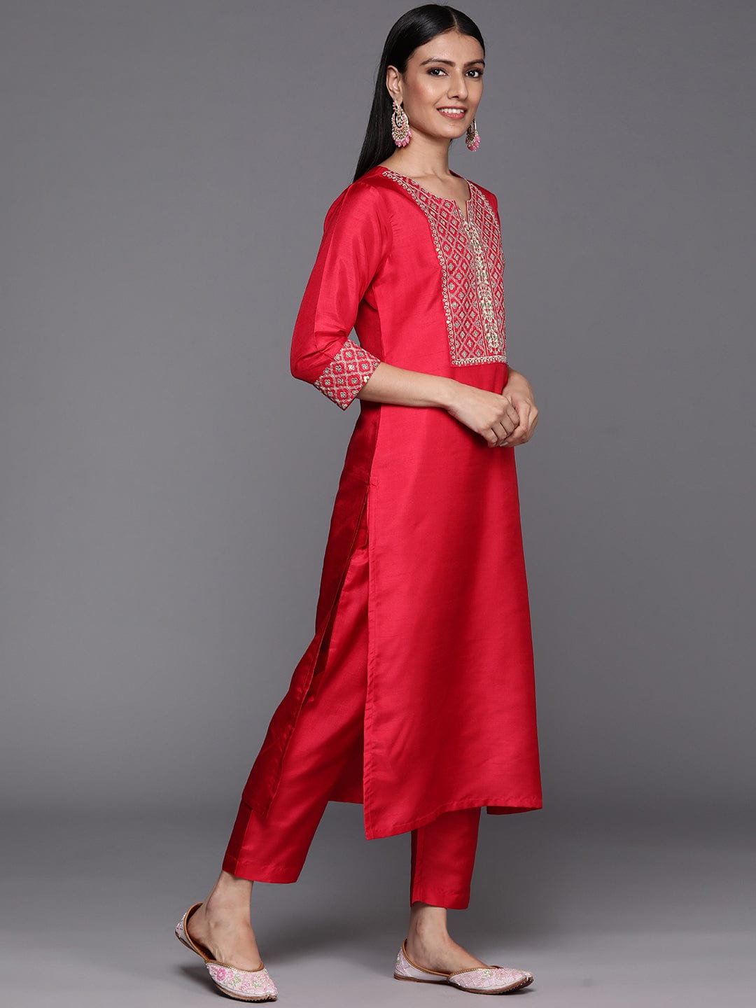 The Kurti Collection pink embroidered kurta paired with tonal straight bottom and contrast dupatta