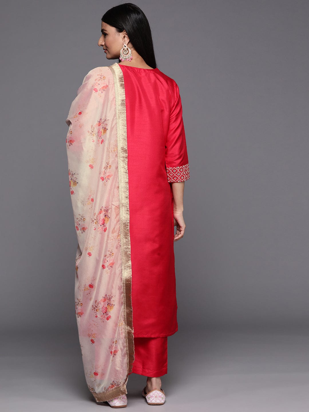 The Kurti Collection pink embroidered kurta paired with tonal straight bottom and contrast dupatta