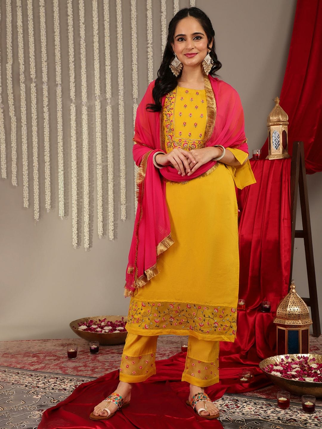 The Kurti Collection Yellow Embroidered Straight Kurta Paired With Tonal Bottom And Contrast Dupatta