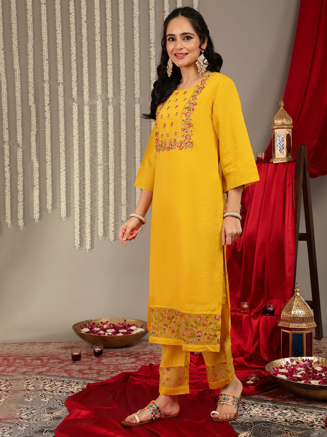 The Kurti Collection Yellow Embroidered Straight Kurta Paired With Tonal Bottom And Contrast Dupatta