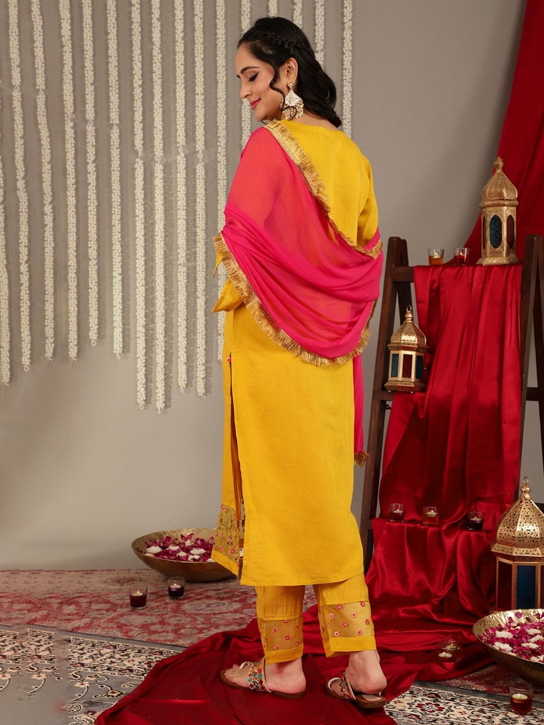 The Kurti Collection Yellow Embroidered Straight Kurta Paired With Tonal Bottom And Contrast Dupatta