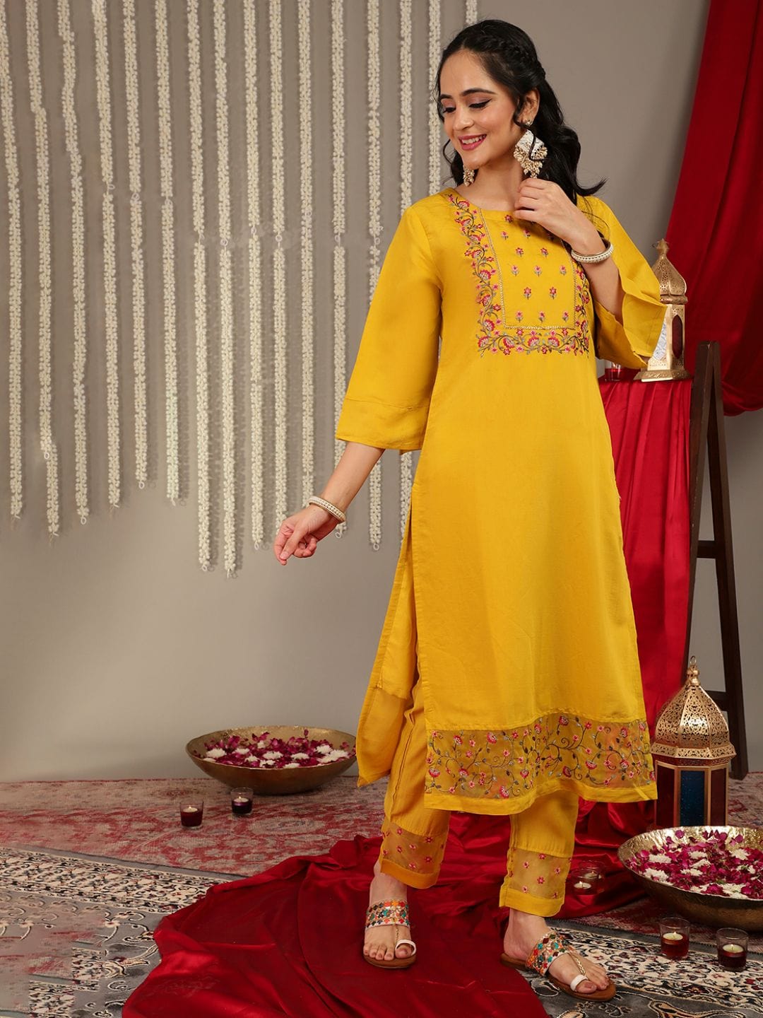 The Kurti Collection Yellow Embroidered Straight Kurta Paired With Tonal Bottom And Contrast Dupatta
