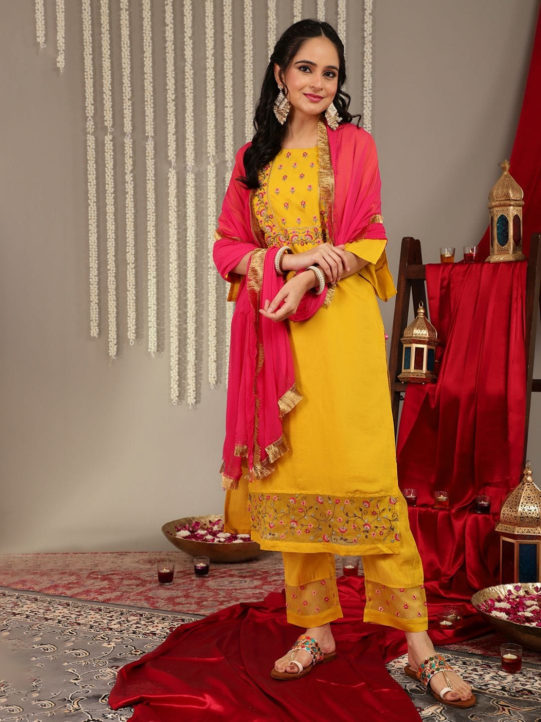 The Kurti Collection Yellow Embroidered Straight Kurta Paired With Tonal Bottom And Contrast Dupatta