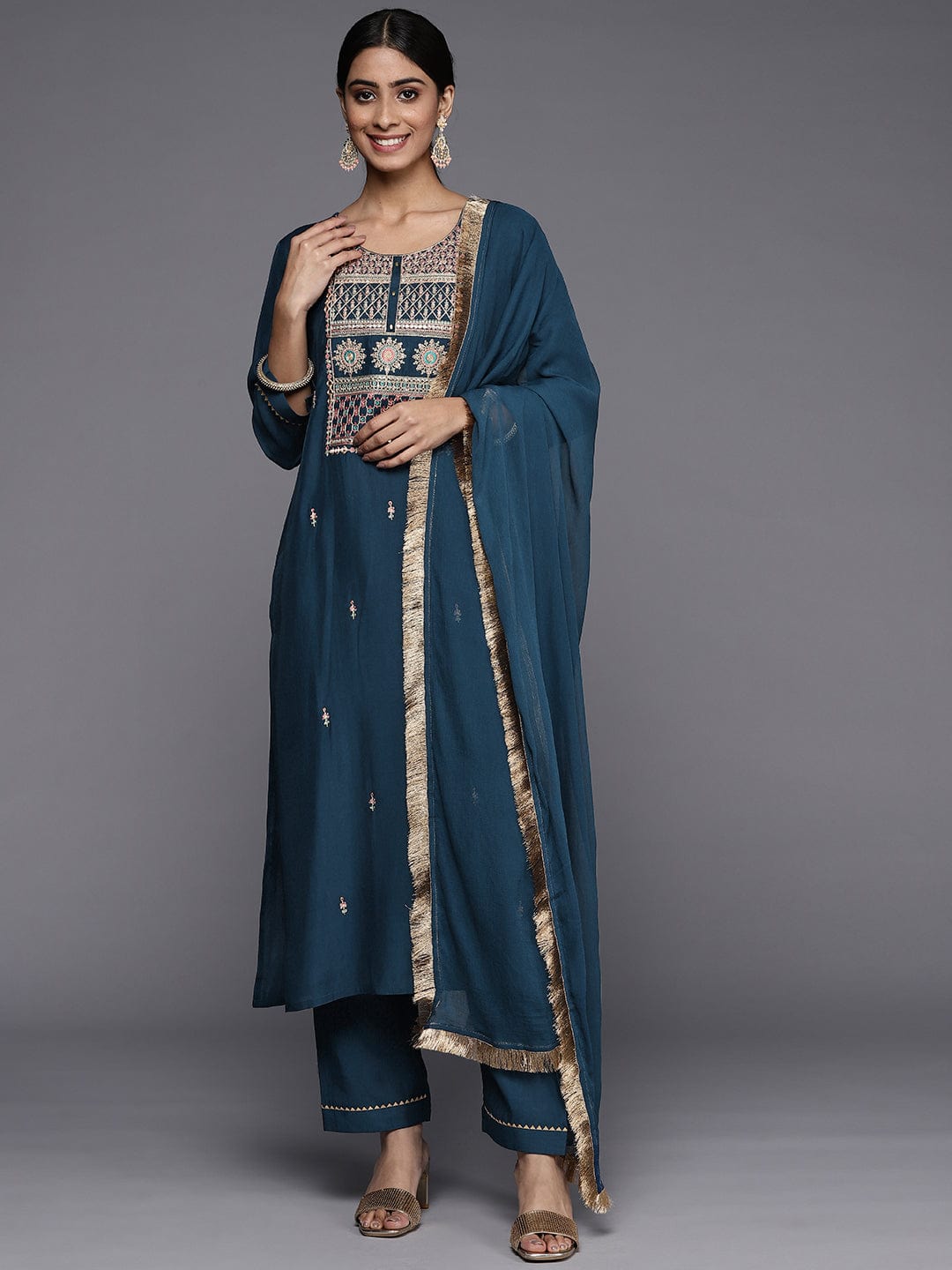 The Kurti Collection Blue Embroidered Kurta Paired With Tonal Bottom And Plain Dupatta