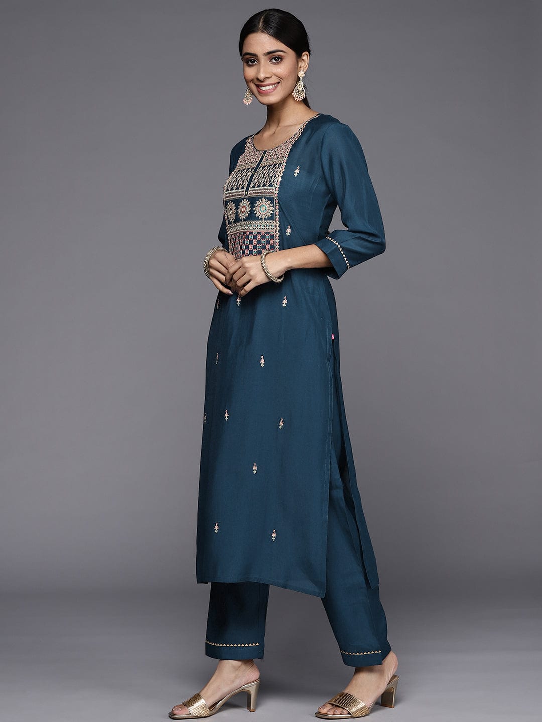 The Kurti Collection Blue Embroidered Kurta Paired With Tonal Bottom And Plain Dupatta