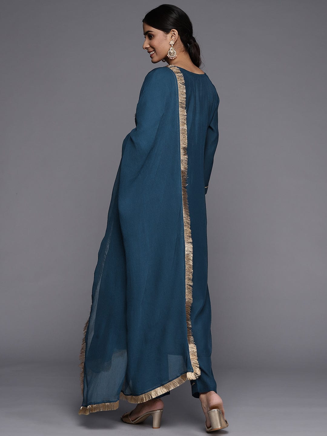 The Kurti Collection Blue Embroidered Kurta Paired With Tonal Bottom And Plain Dupatta